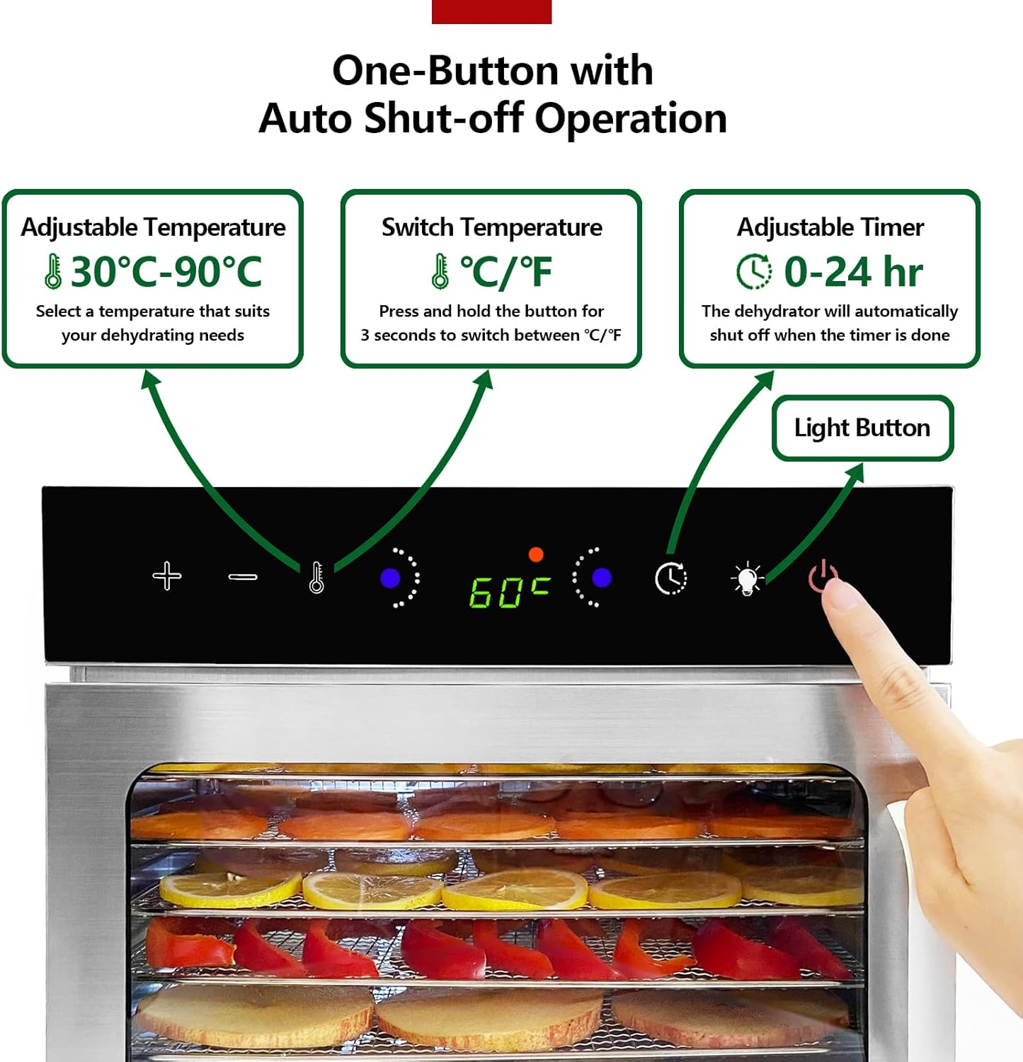Stainless Steel Food Dehydrator, Oiyocemo 6 Tray Fruit Dryer Machine with Free Recipe Book, Bpa-Free, 30~90℃ Temperature Setting, Max 24H, Dehydrator Food Dryer for Vegetables, Meats, Chili image number 6