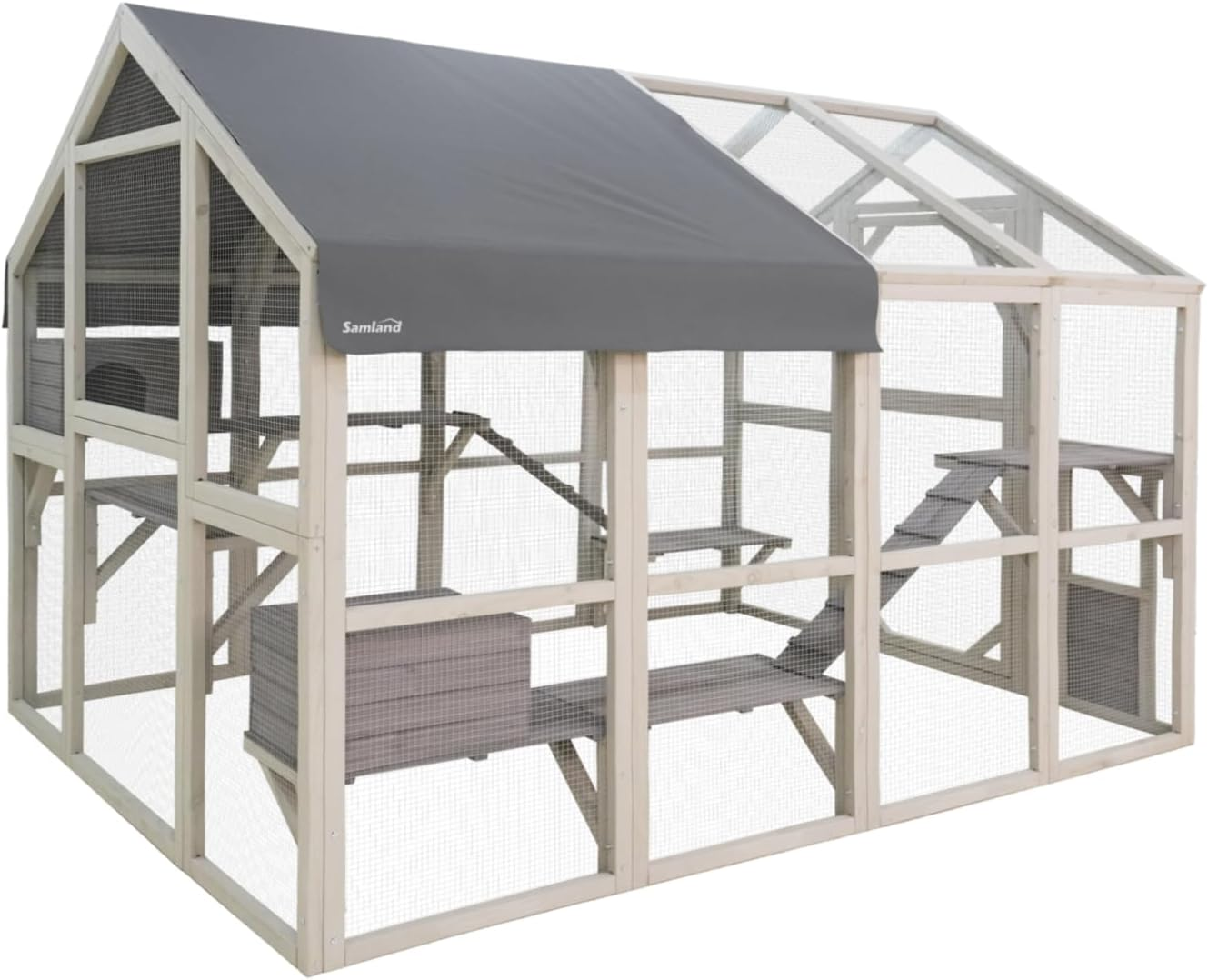 Samland Large Outdoor Wooden Cat Enclosure Catio, Large Cat House and Playpen with Platforms, Ramps, Weatherproof Roof, Walk-In Door and Side Access for Multiple Cats image number 2