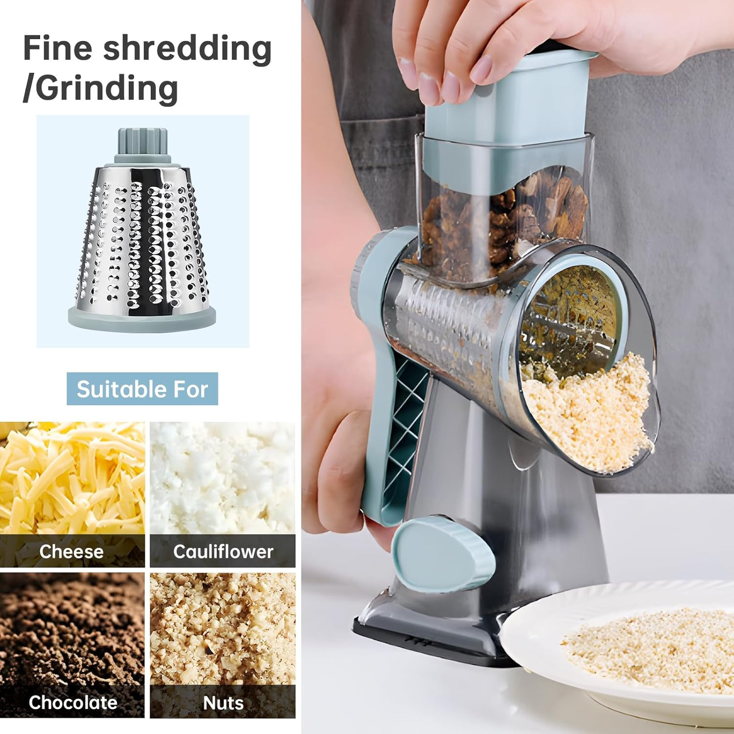 Cheese Grater Rotary Vegeteble Slicer Chopper,Versatile Cheese Shredder,Blades for Shredding, Grating, Slicing,Vegetable Shredder with Suction Base and Cleaning Brush