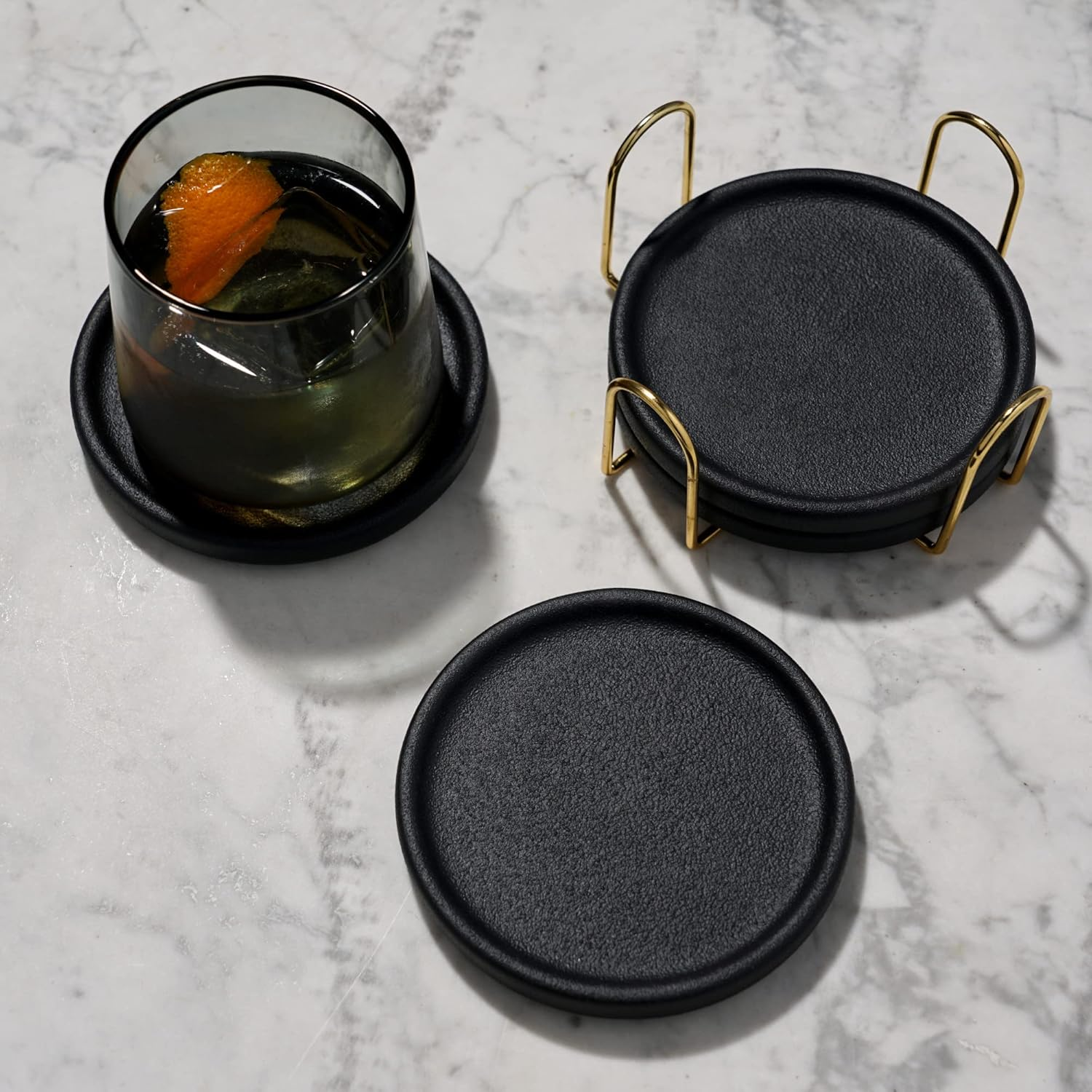 Viski Earthenware Coasters Set of 4 - Ceramic Drink Coasters - Outdoor Coasters for Drinks - Unique Coasters with Gold Stand Black image number 3