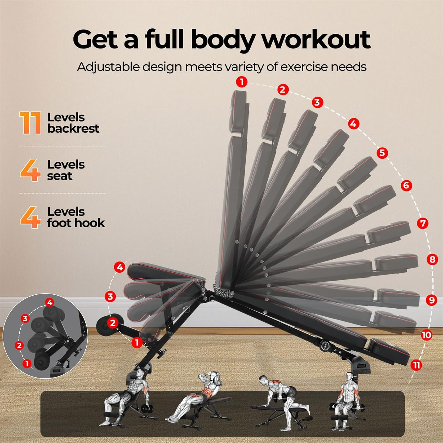 Adjustable Weight Bench,300Kg Fast Folding Incline Decline Flat Bench,Workout Bench with Adjustable Levelling Knobs,Adjustable Neck Pillow,Gym Equipment Home Workout image number 4