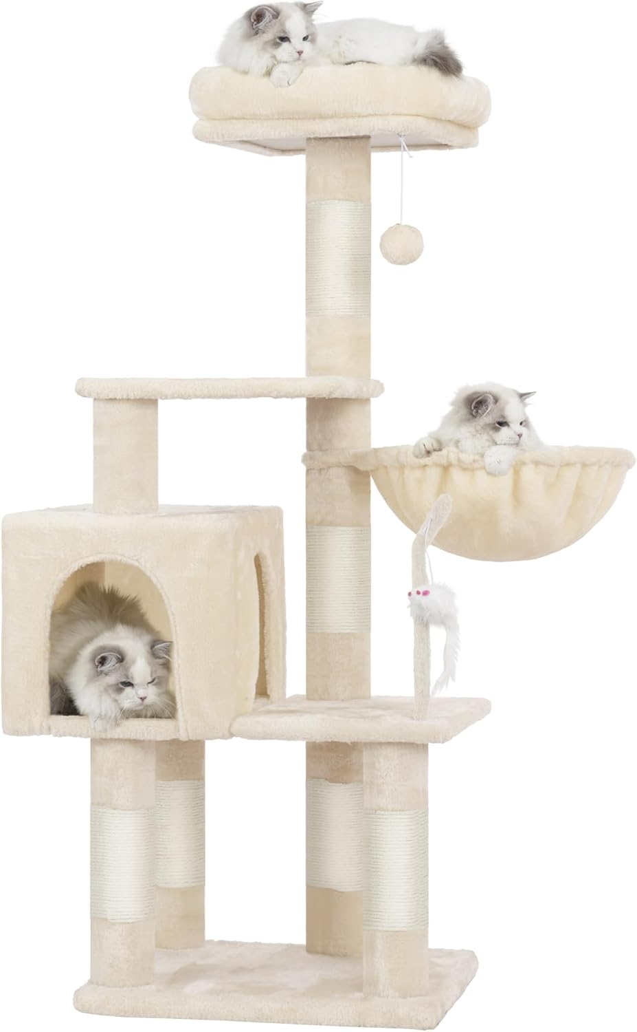 Heybly 110Cm Cat Tree with Toy, Cat Tower for Indoor Cats, Cat Play Tower with Padded Plush Perch, Cozy Hammock and Sisal Scratching Posts, Multi-Level House for Kittens, Light Gray HCT004SW