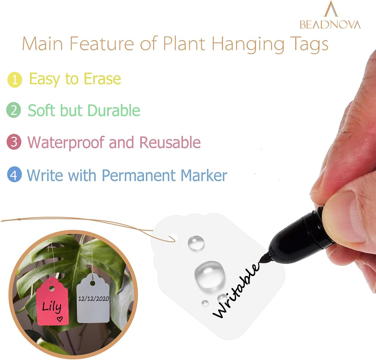 BEADNOVA Plant Hanging Tags 500Pcs Tags with String Reusable Plant Labels Markers Plastic Garden Signs Garden Markers for Outdoor (2 Inch, Mix Color) image number 3