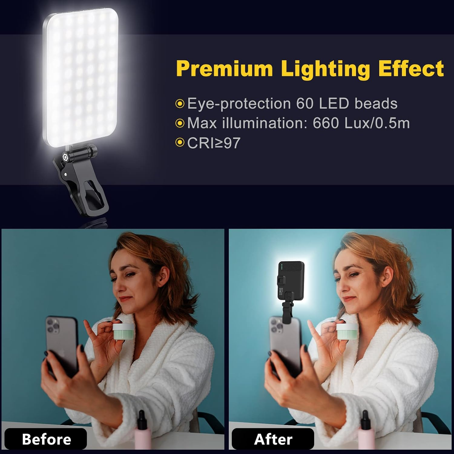 60 Leds Selfie Light, 3 Lighting Modes, Rechargeable Clip on Phone/Laptop/Camera Light & CRI 97+ for Laptop/Phone, Video Conference, Youtube, Tiktok, Makeup Vlog (Black) image number 2