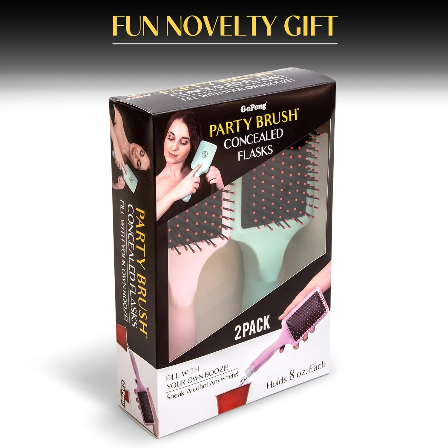 Gopong Hair Brush Flask 2 Pack (16 Oz Total) - Party Brush Hidden Alcohol Travel Flasks for Women and Men &ndash; Secret Liquor Containers for Concerts, Cruises, and Sports Events - Pink and Green image number 1