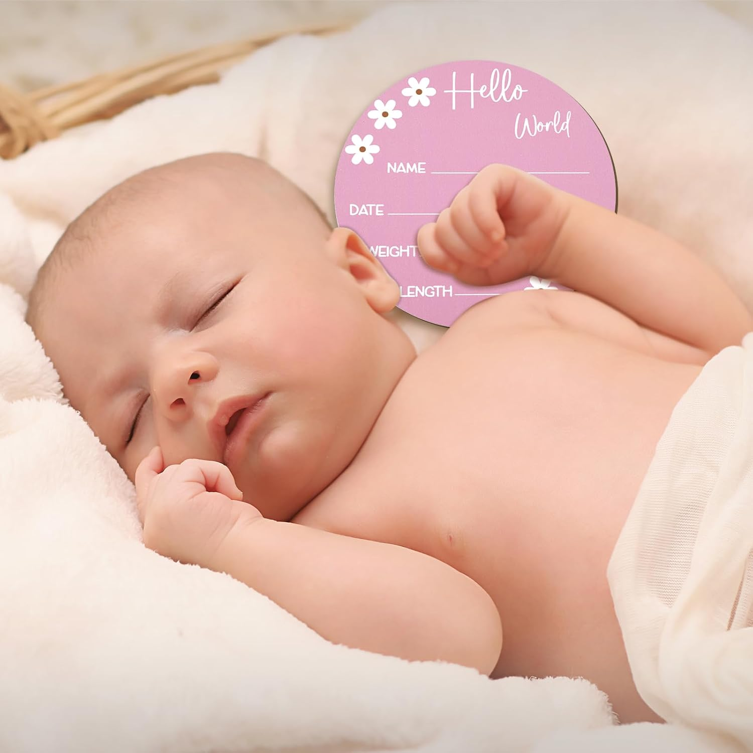 NQEUEPN Baby Name Sign, 5.9In Wooden Hello World Sign Daisy Wooden Baby Announcement Card Birth Baby Name Plaques for Newborn Boys Girls Photography Props Baby Shower Gifts Hospital Nursery(Rose Red) image number 3