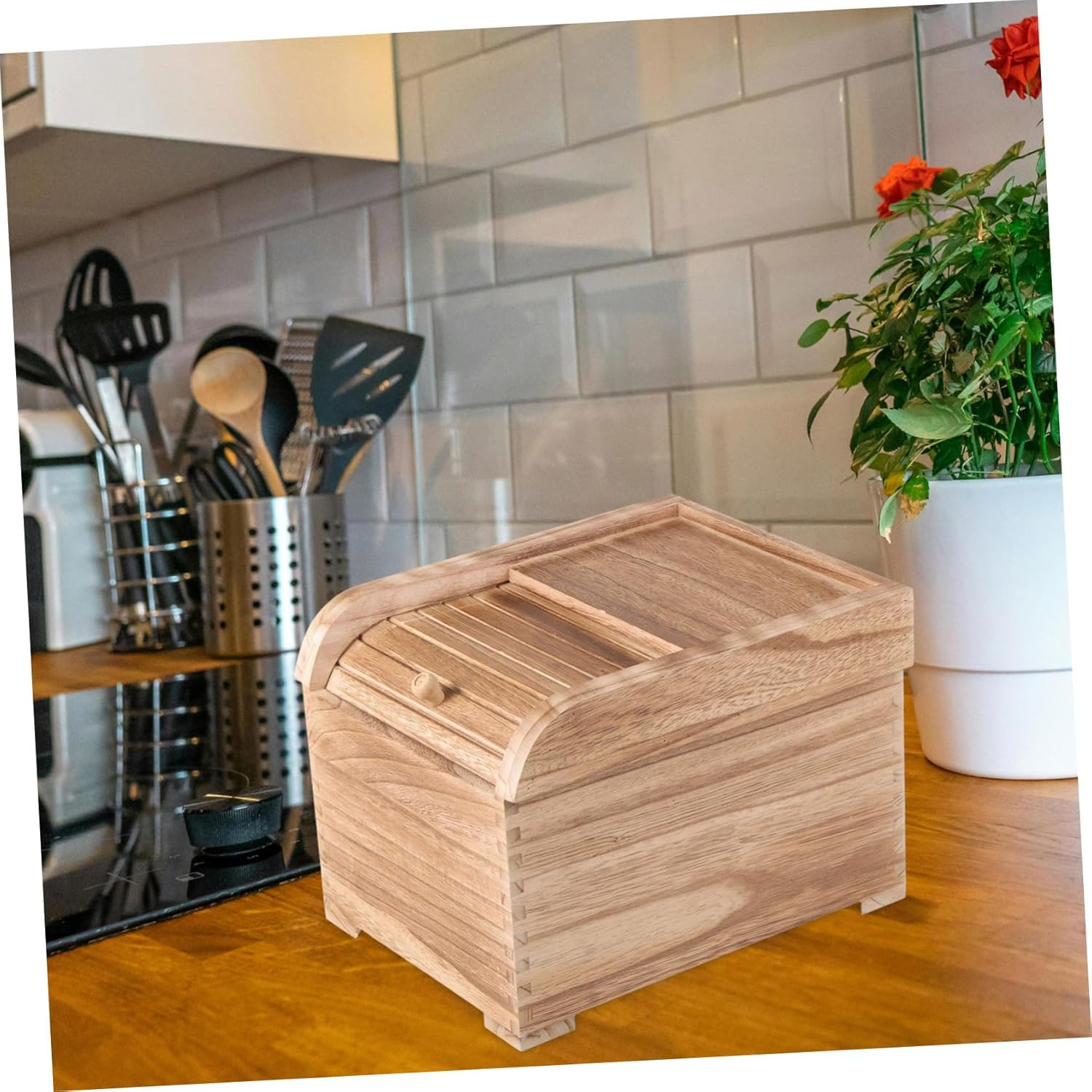 MOLUCKFU Sealed Solid Wood Rice Storage Container Large Food Bucket Moisture-Proof Kitchen Storage Bin Rolling Lid for Pantry Organization image number 5