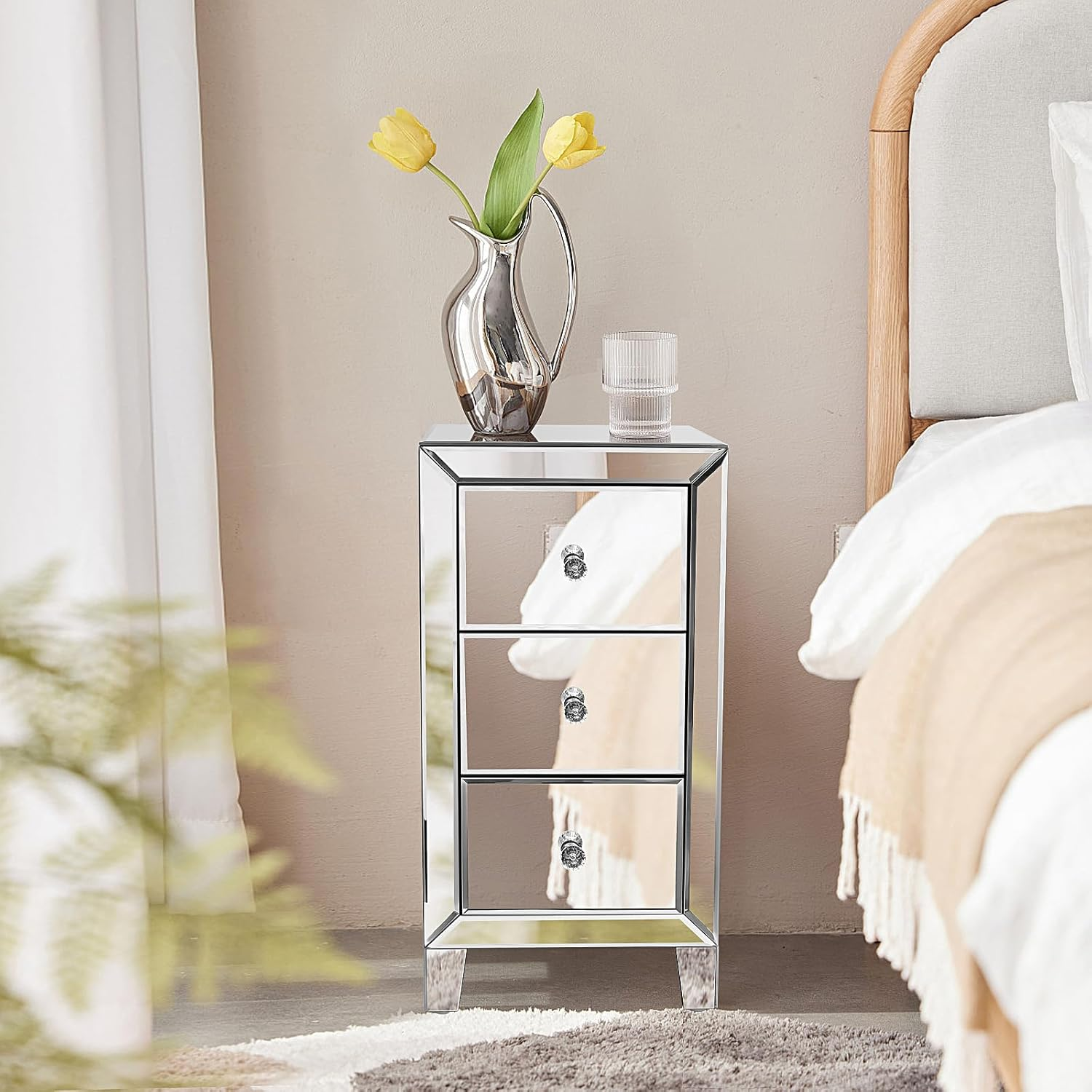 Design Glass Side Table Mirrored Nightstand with 3 Drawer End Table Mirror Accent Silver Table Mirrored Dresser,Nightstand Sets for Bedroom Mini Cabinet Bedside Tables Glass Tables Mirrored Furniture image number 2