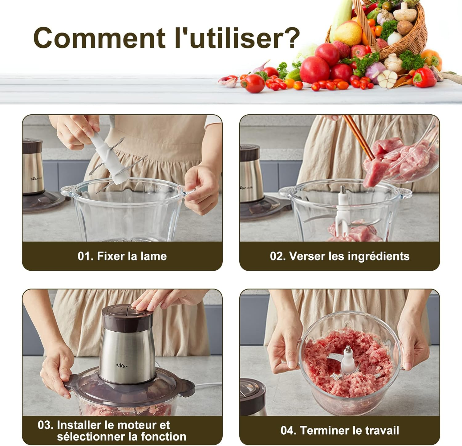 Bear 2L Food Processors 300W Electric Vegetable Chopper Glass Container with 4-304 Stainless Steel Knife for Meat, Smoothie, Onions, Fruit, Vegetables image number 2