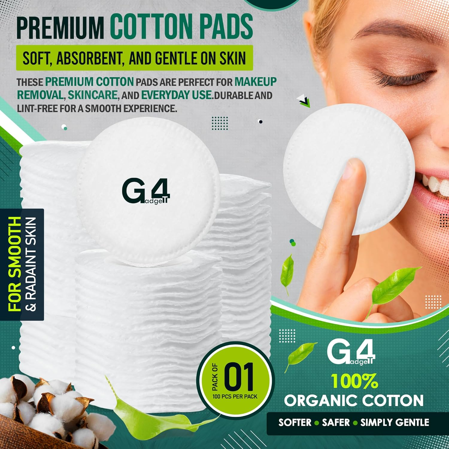 G4GADGET Cotton Pads for Face, 100% Pure Cotton Wool, Soft & Absorbent Makeup Remover Pads, Hypoallergenic, Gentle on Sensitive Skin, Ideal for Beauty & Baby Care, 100 Count image number 1