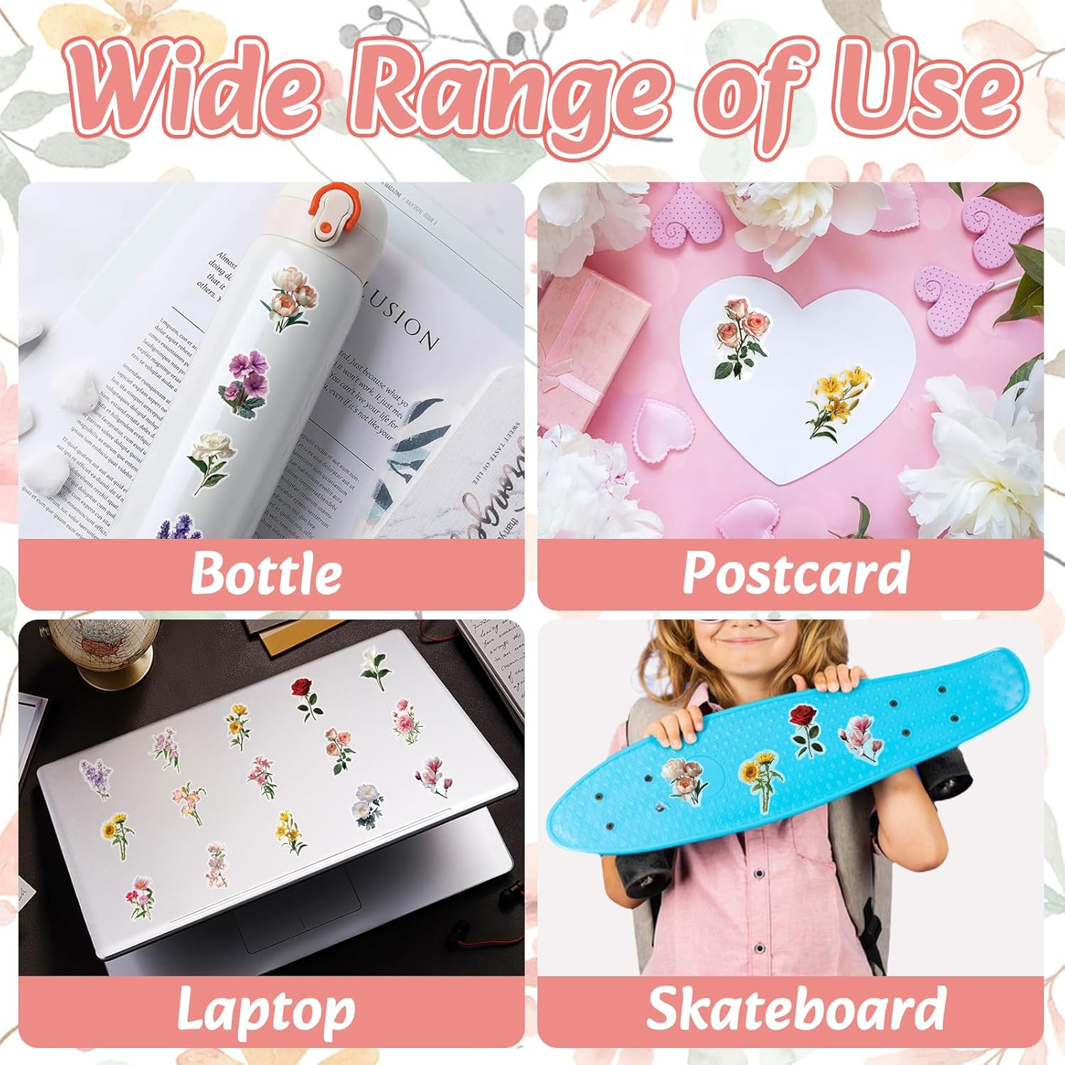 50Pcs Transparent Flower Stickers, Waterproof Flower Pattern Sticker, Self-Adhesive Decorative Decals for Teens Kids Crafts Arts Scrapbook DIY Gift Laptop Water Bottle Cup Luggage Phone Case image number 2