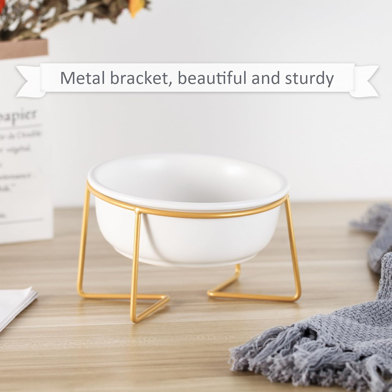 White Small Ceramic Tilted Elevated Cat Dog Bowl Raised Cat Food Water Bowl Dish Pet Comfort Feeding Bowls with Gold Iron Stand image number 2