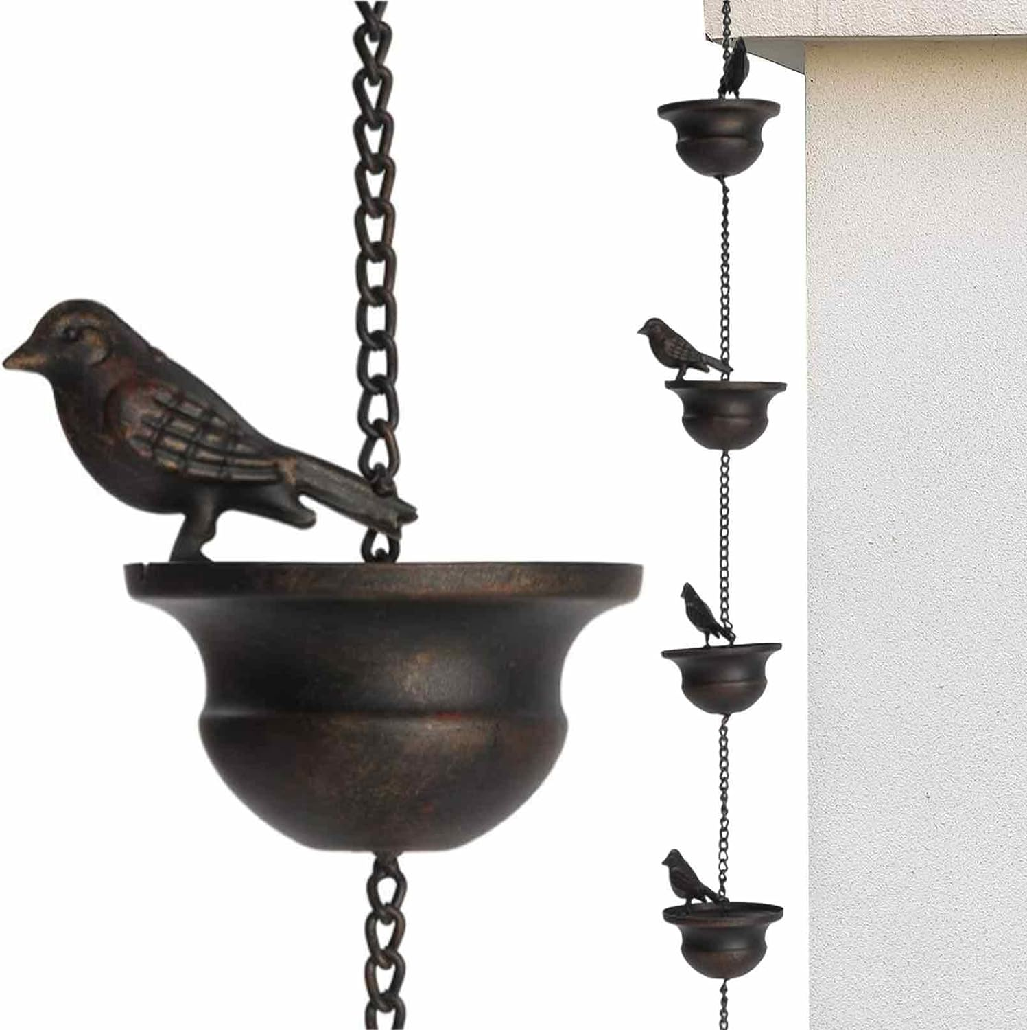 Metal Rainwater Chain Bird Gutter Chain Rain Drain Rain Downpipe Rain Gutter Chain Rain Chains for Gutters, 2.4 M Rain Bells with Attached Hanger and 8 Birds for Drainage of Water image number 4