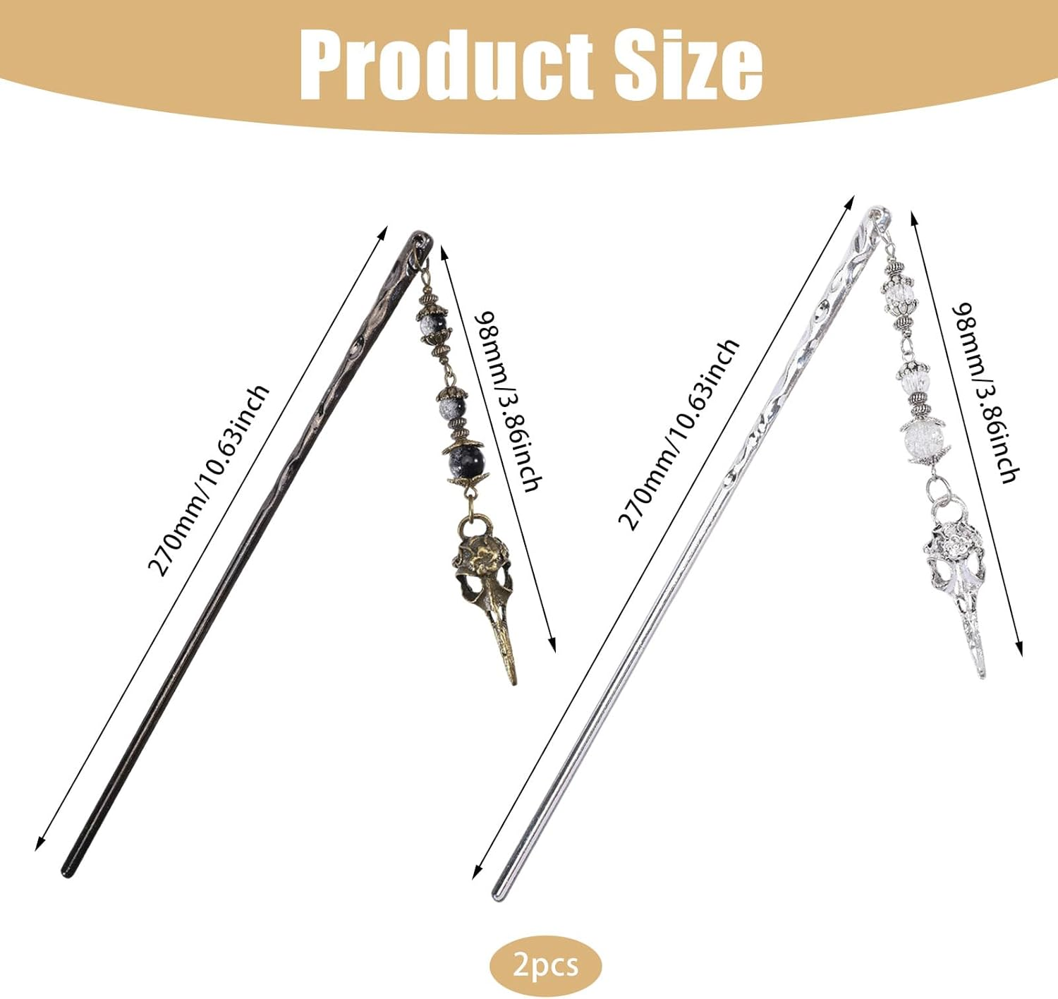 CHGCRAFT 2Pcs 2 Colors Bird Skull Hairpin Alloy Glass Hair Sticks Accessories Hair Sticks Buns for Woman, Silver and Golden, 10.6Inch