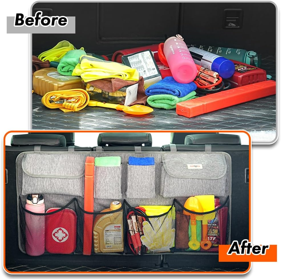 SURDOCA Car Trunk Organizer, 4Rd Gen [8 Times Upgrade] Super Capacity Car Hanging Organizer,Equipped with 4 Magic Stick,Car Trunk Tidy Storage Bag with Lids, Space Saving Expert (Xl-110X48Cm, Grey) image number 3
