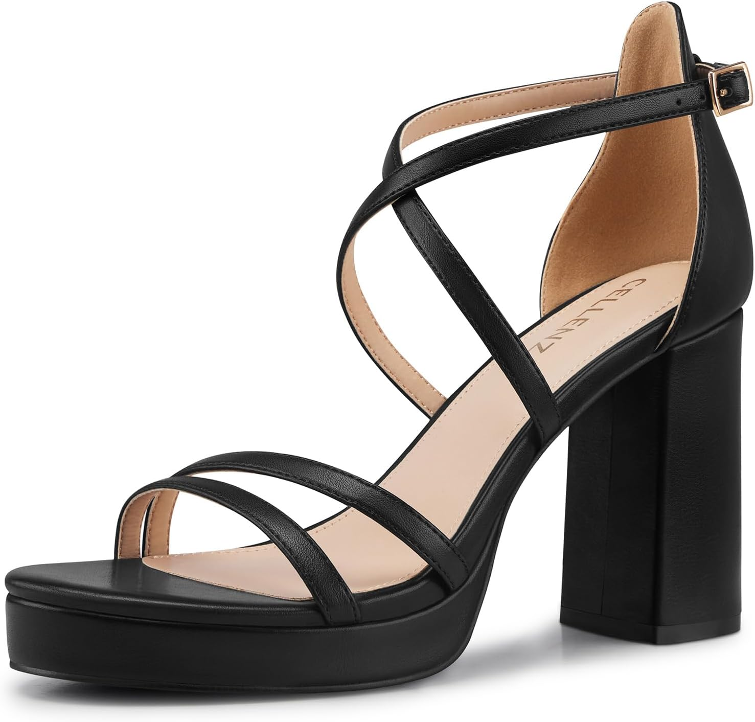 Women Strappy Platform Heels: 3.4 Inch Chunky Heeled Sandals, Comfortable Sexy Block High Heels, for Prom Party Bridal Wedding Black White Silver Nude Dressy Shoes