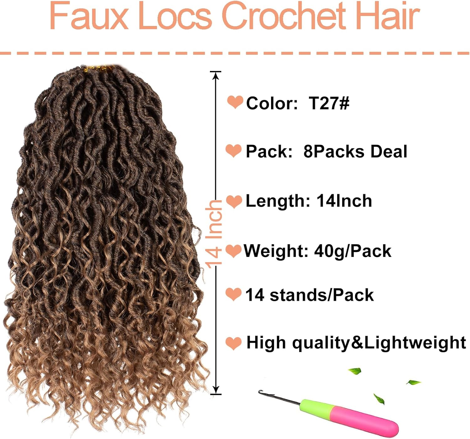 Mscat 14 Inch 8 Packs Ombre River Goddess Faux Locs Crochet Hair Wavy with Curly Ends Pre-Looped River Locs Synthetic Crochet Braiding Bohemian Faux Locs Hair Extensions (14 Strands/Pack T27#)