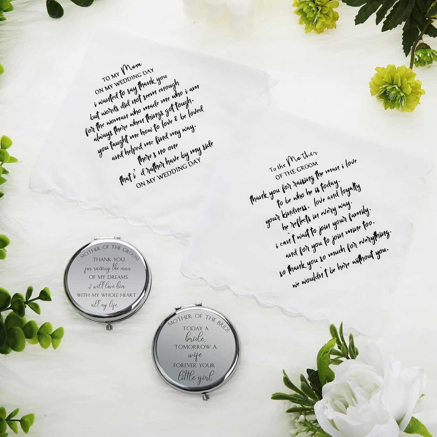 6 Pack Mother of the Bride Gifts Mother of the Groom Gifts Set Includes 2 Leaves Cosmetic Bag 2 Makeup Mirror 2 Mom Handkerchief for Mothers in Law at Wedding Engagement Anniversary Wedding Day Gift image number 1