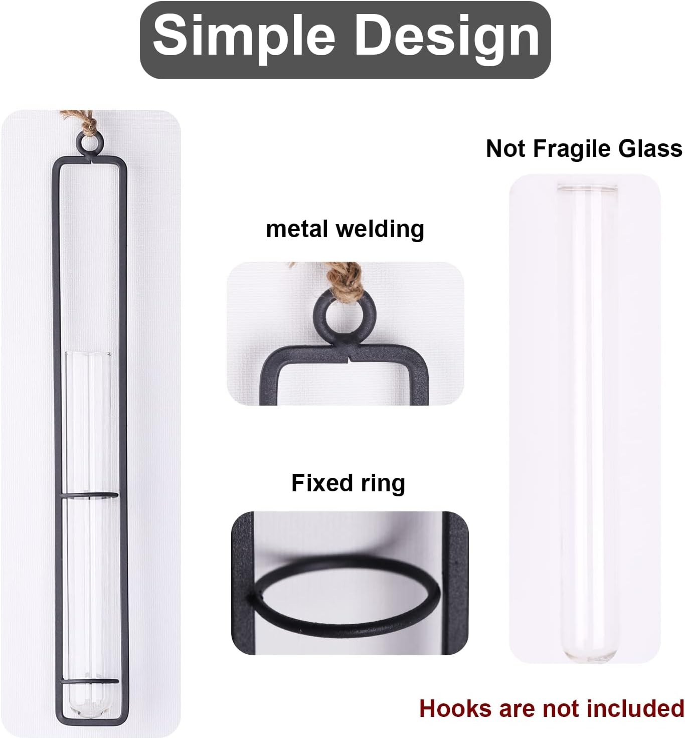 XMGZQ 6Pcs Plant Propagation Stations Wall Hanging,Clear Glass Propagation Tubes,Hanging Planters for Indoor Plants、Kitchen Window、Bathroom,Black Metal Test Tube Vases for Home Decoration (S,M,L) - Black image number 6