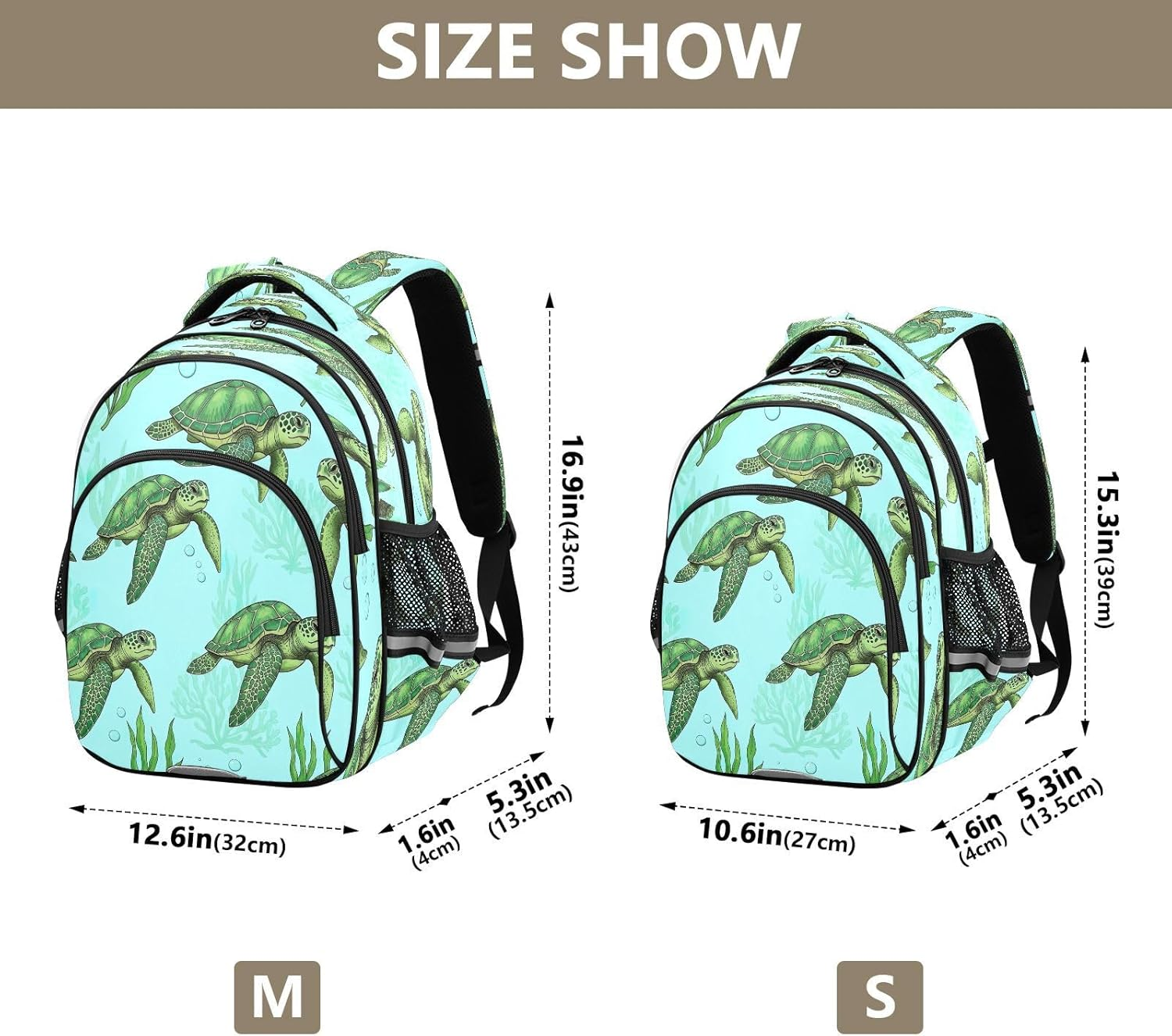 RPLIFE 15 Inch Kids Backpack for Girls Boys, Green Sea Turtles Ergonomic Backpack for Kids image number 1