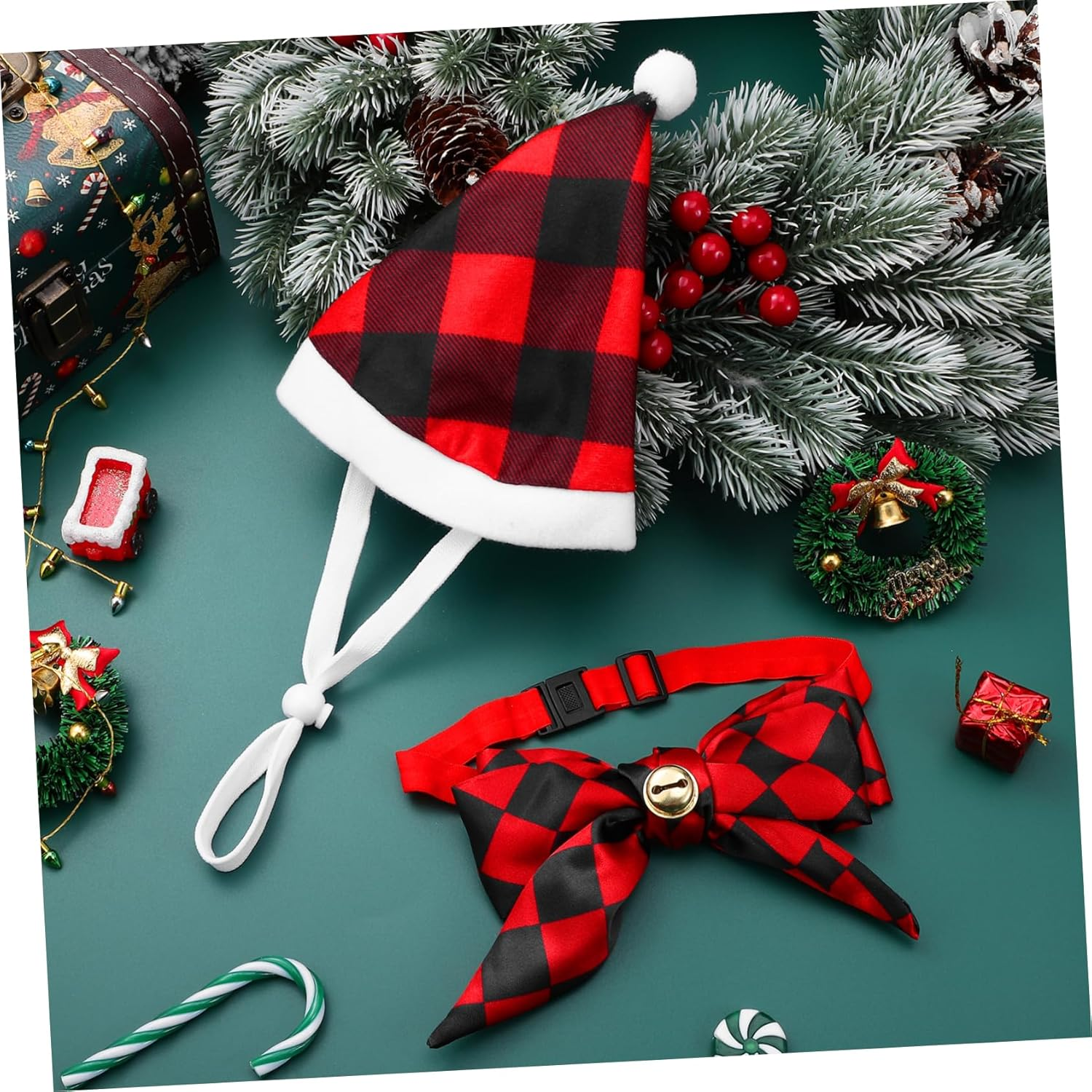 INOOMP Christmas Pet Outfit Set Dog Santa Hat Bow Tie Warm Winter Dog Clothes Cat Xmas Attire Mini Knit Hat for Pups image number 6