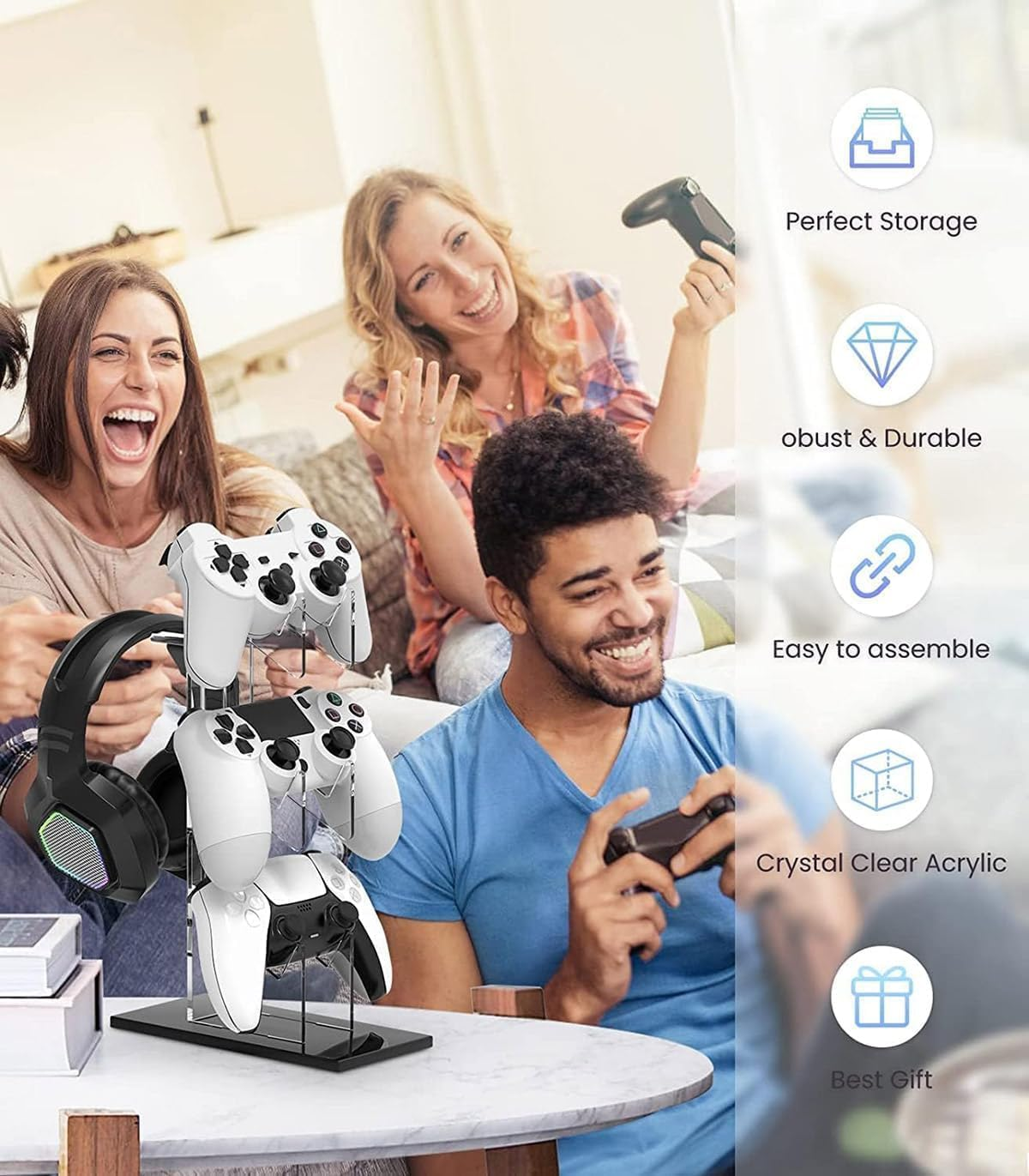 SAHENITEANA Controller Holder 4 Tiers, Gaming Headset & Controller Stand Compatible with PS5/PS5 Slim/Ps5 Pro PS4 Xbox Nintendo Switch Pro, Desk Organizer Accessories,White - White image number 4