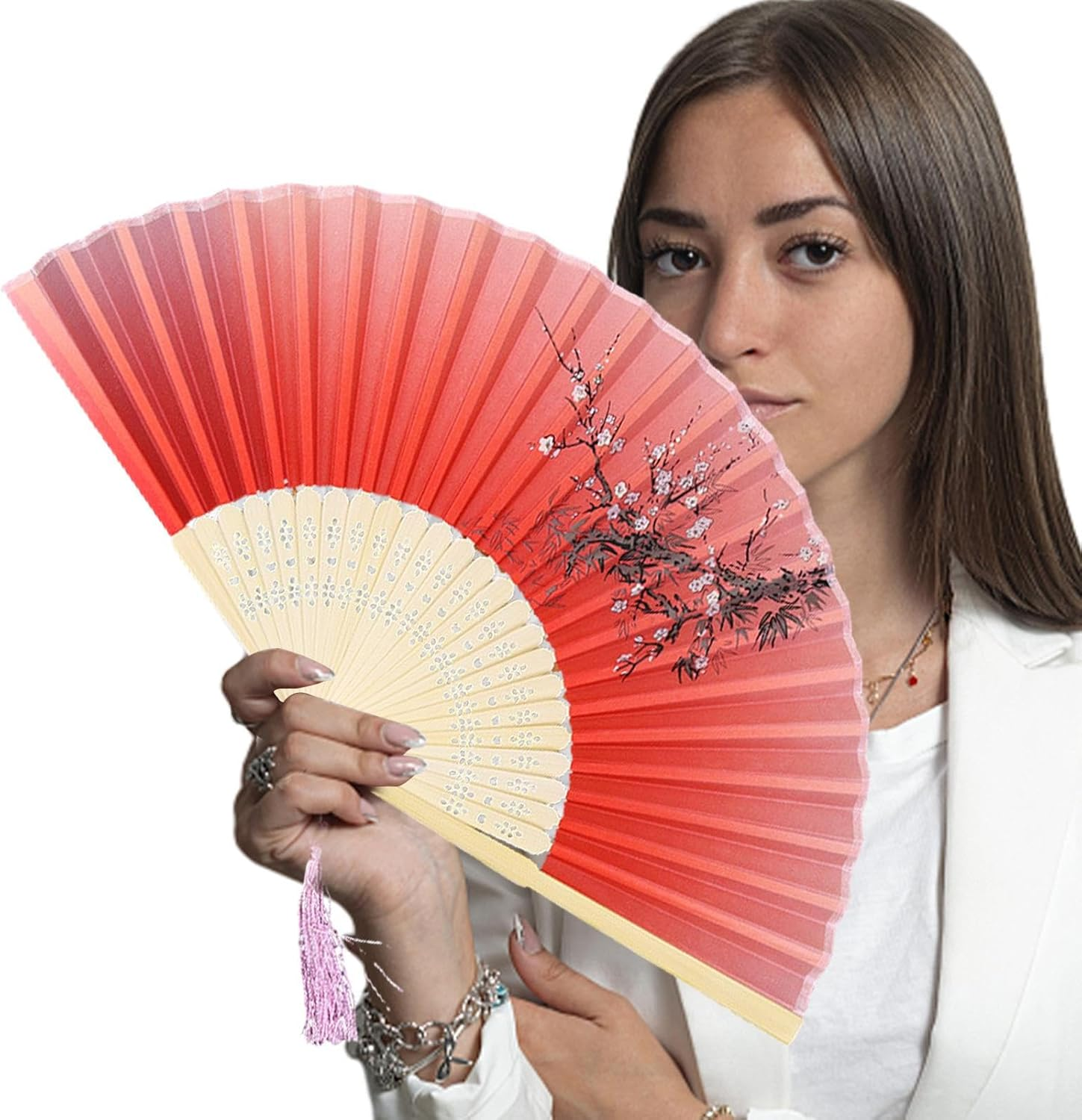 Small Folding Hand Fan - Japanese Silk Folding Fans | with Tassels Silk Bamboo Tassel Fan Antiquity Chinese Fan for Dance Bamboos Fan Manolyee