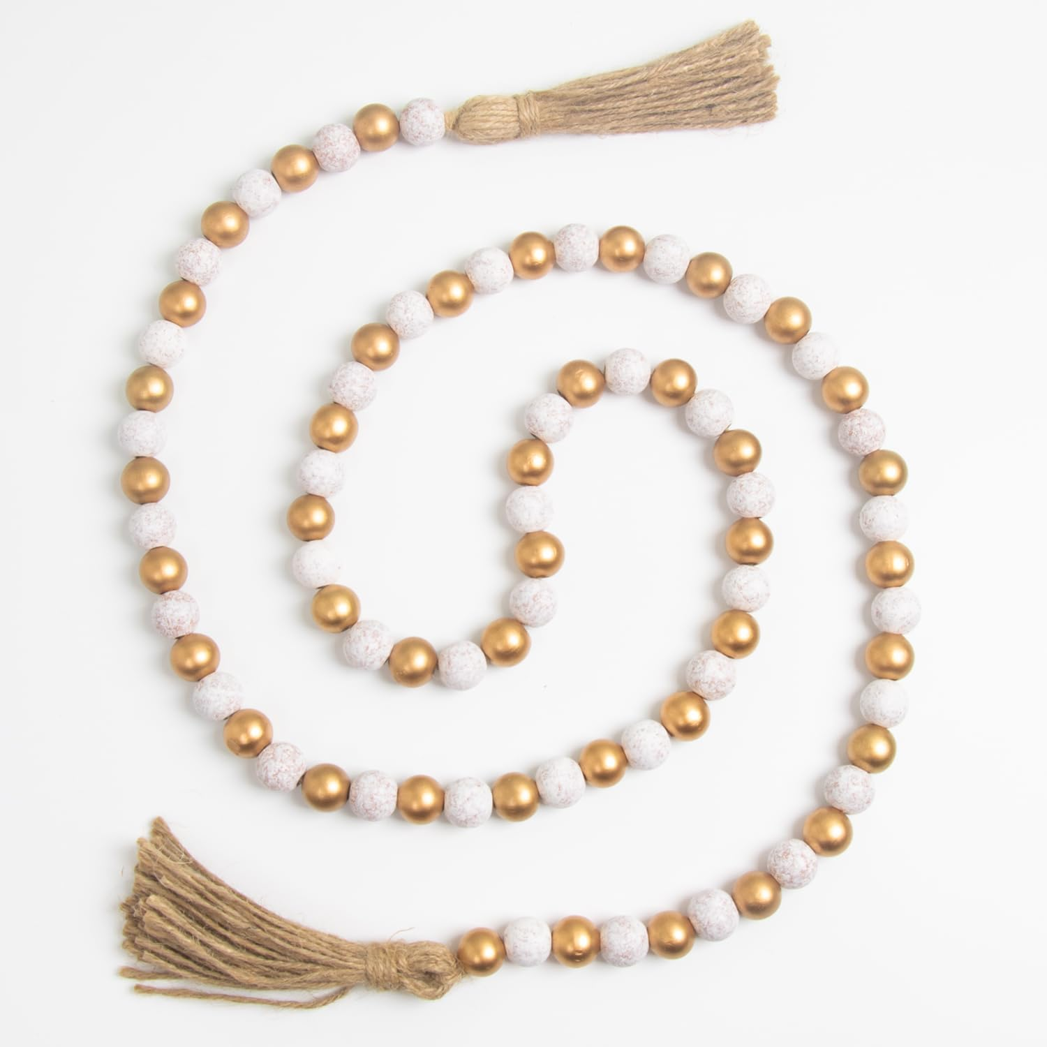 Wood Bead Garland with Tassels Home Decor Beads Prayer Beads Farmhouse Beads Wall Hanging Decor (143,Gold&Wash White)
