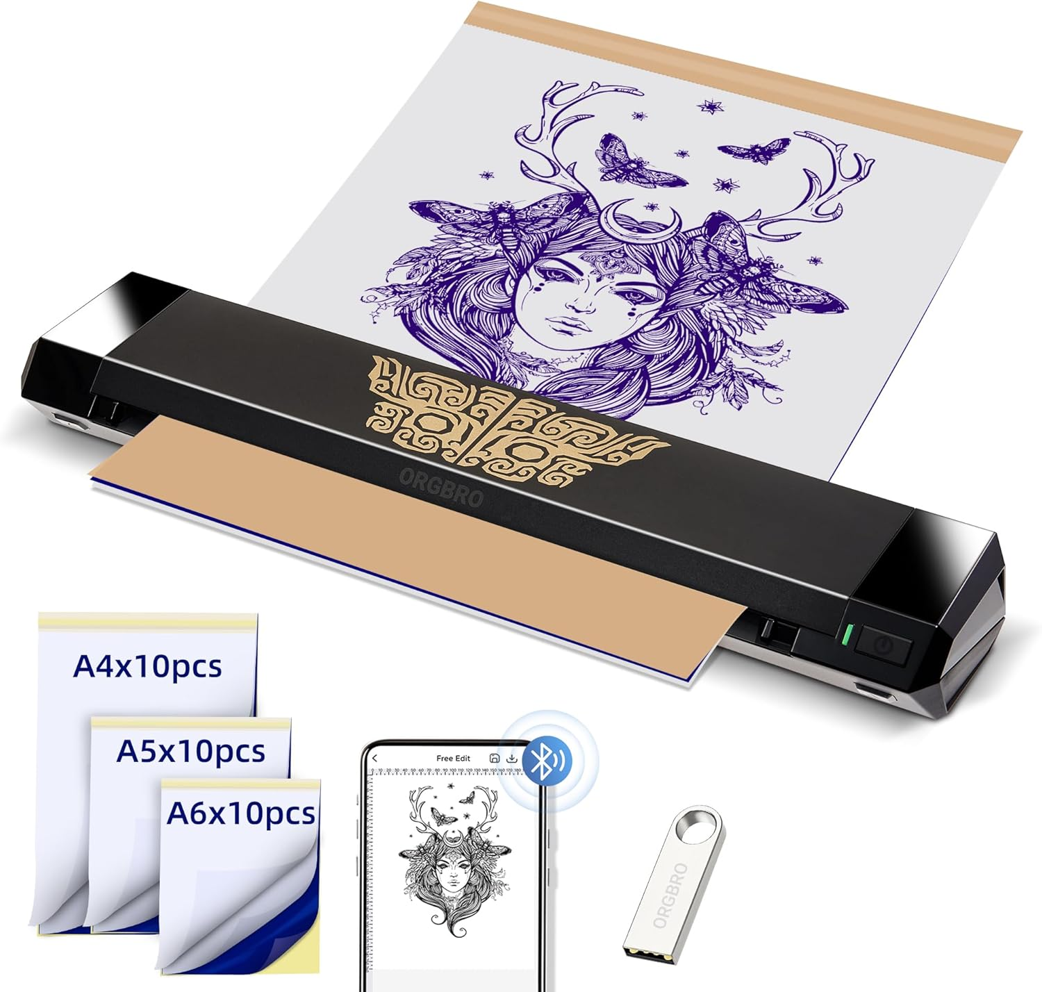 ORGBRO Tattoo Stencil Printer, X8 Thermal Tattoo Transfer Printer with 30Pcs Transfer Paper, A4/A5/A6 3-In-1 Wireless Tattoo Machine for Tattoo Artists & Beginners, Compatible with Phone/Tablet/Pc image number 2