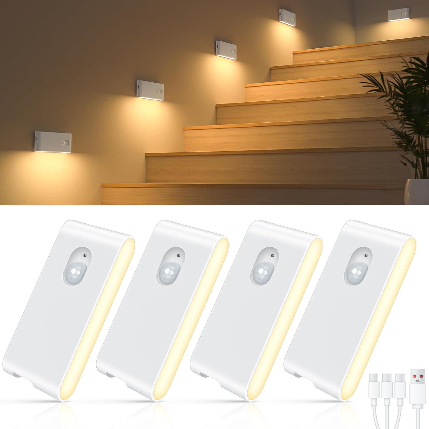 WILLED Motion Sensor Night Light, USB Rechargeable Night Light, Wireless Motion Sensor Light Indoor (Auto/On/Off), Magnetic Stick on Lights for Wardrobe, Hallway, Stairs, Bedroom, Kids' Room(4-Pack)