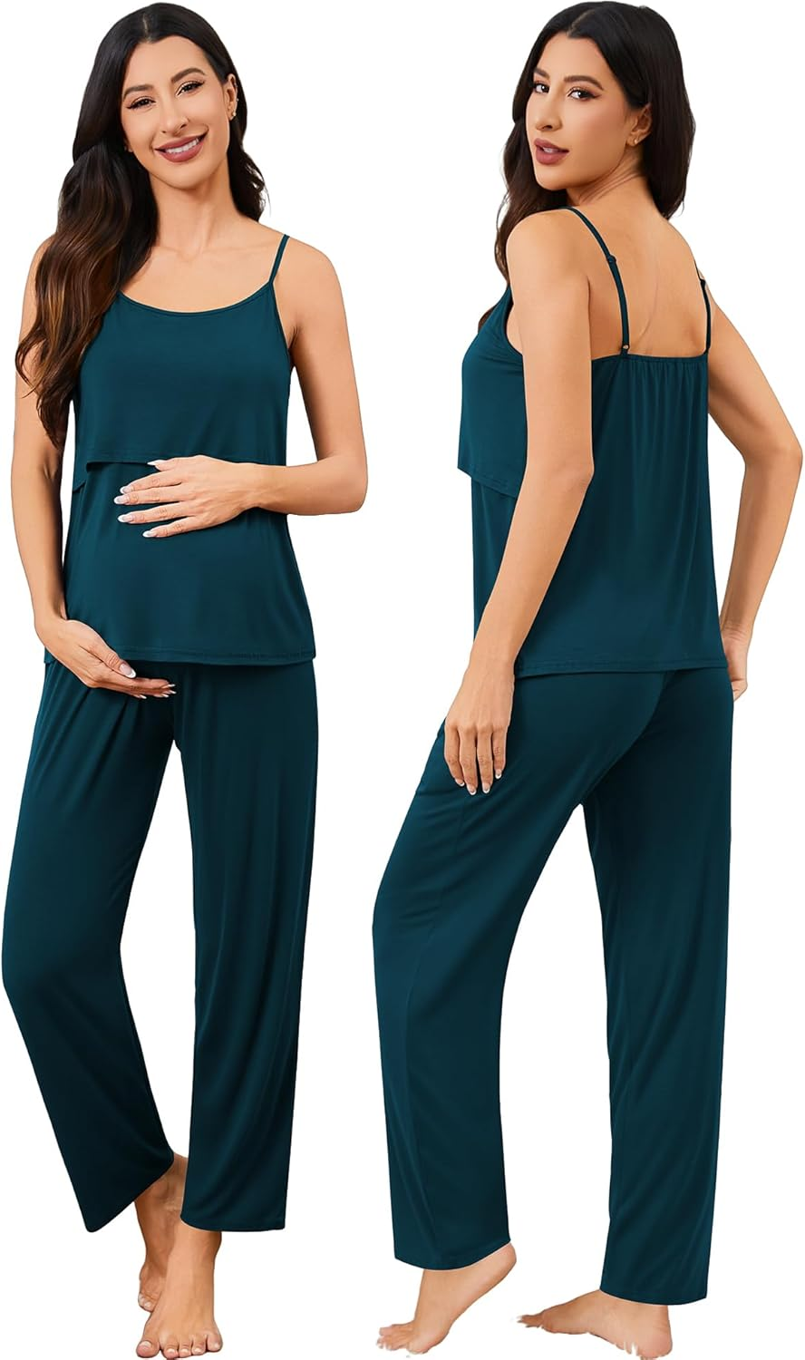 SWOMOG Maternity Nursing Robe Set 3 PCS Postpartum Pajamas Breastfeeding Labor Delivery with Robe & Camisole & Pants image number 2