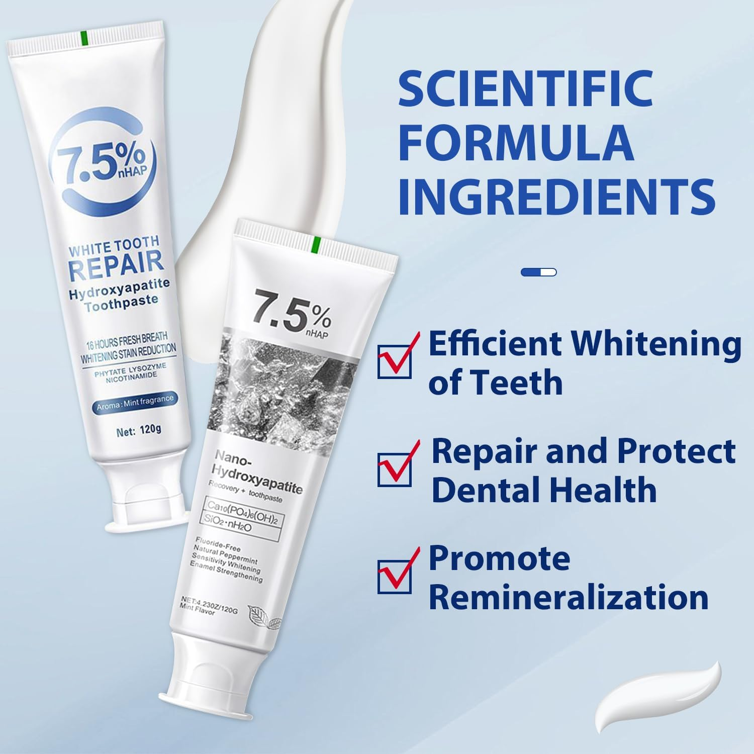 2Pcs Hydroxyapatite Toothpaste, 7.5% Nano Hydroxyapatite Toothpastes, Fluoride Free, Tooth Strengthening, Enamel Protection, Mild and Refreshing, Suitable for Sensitive Teeth, 4.23Oz, Blue and Gray image number 1