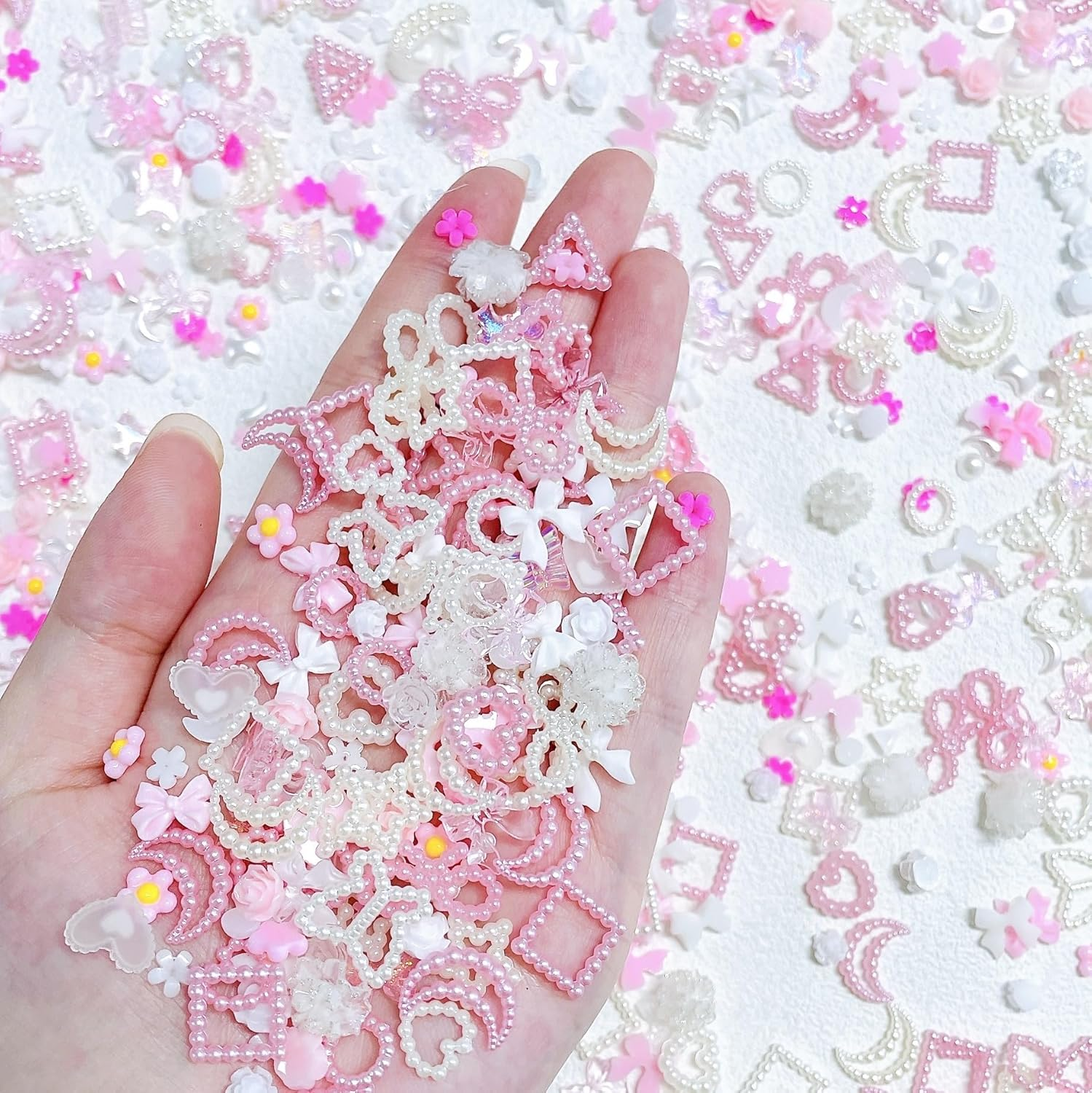 Pink&White 3D Multi Shapes Nail Charms and Flatback Pearls, Mix Styles Heart Star Bow Flower Embellishments for Nail Art, DIY Craft and Decoration, Pink01 image number 1