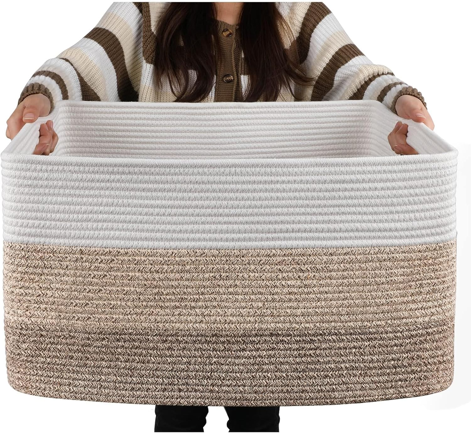 3 Pack Storage Basket, Cotton Rope Woven Basket with Handles for Shelf, Pet Toy, Book, Cloth, Storage Organizer for Living Room, Bathroom (Gradient Yellow, M) image number 5