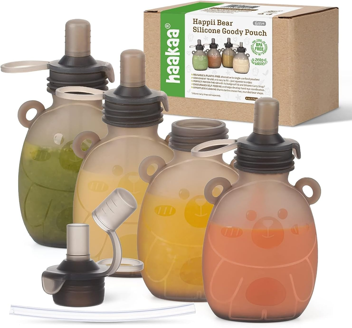 Haakaa Happii Bear Silicone Goody Pouch,Reusable Baby Food Pouches for Homemade Organic Purees, Juices, Smoothies, and Yogurt - Perfect for Toddlers and Kids - 4 Pack, 6Oz image number 5