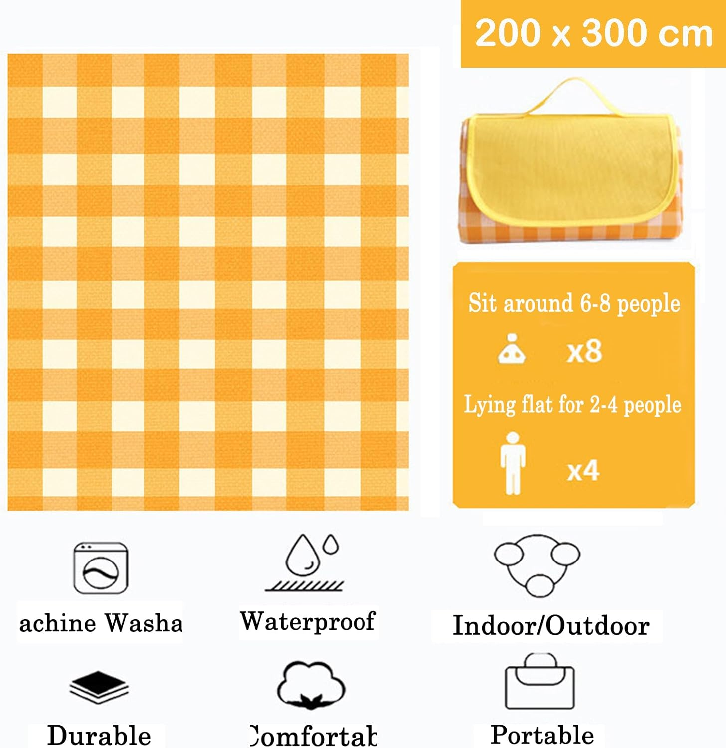 Large Outdoor Picnic Blanket, Foldable Waterproof Gingham Mat, Sandproof Picnic Rug for Beach, Camping, Hiking, Travel, Family, Park,Courtyard (Yellow, 200X300Cm) image number 5