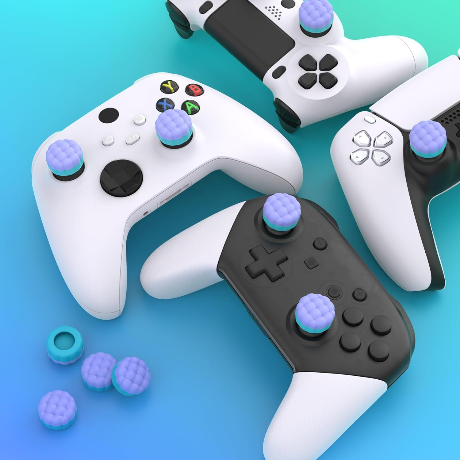 Playvital Thumbs Cushion Caps Thumb Grips for Ps5/Ps4, Thumbstick Grip Cover Joystick Caps for Xbox Series X/S, Xbox One, Elite Series 2, Switch Pro - Puff Cloud Design Light Purple & Aqua Blue image number 3