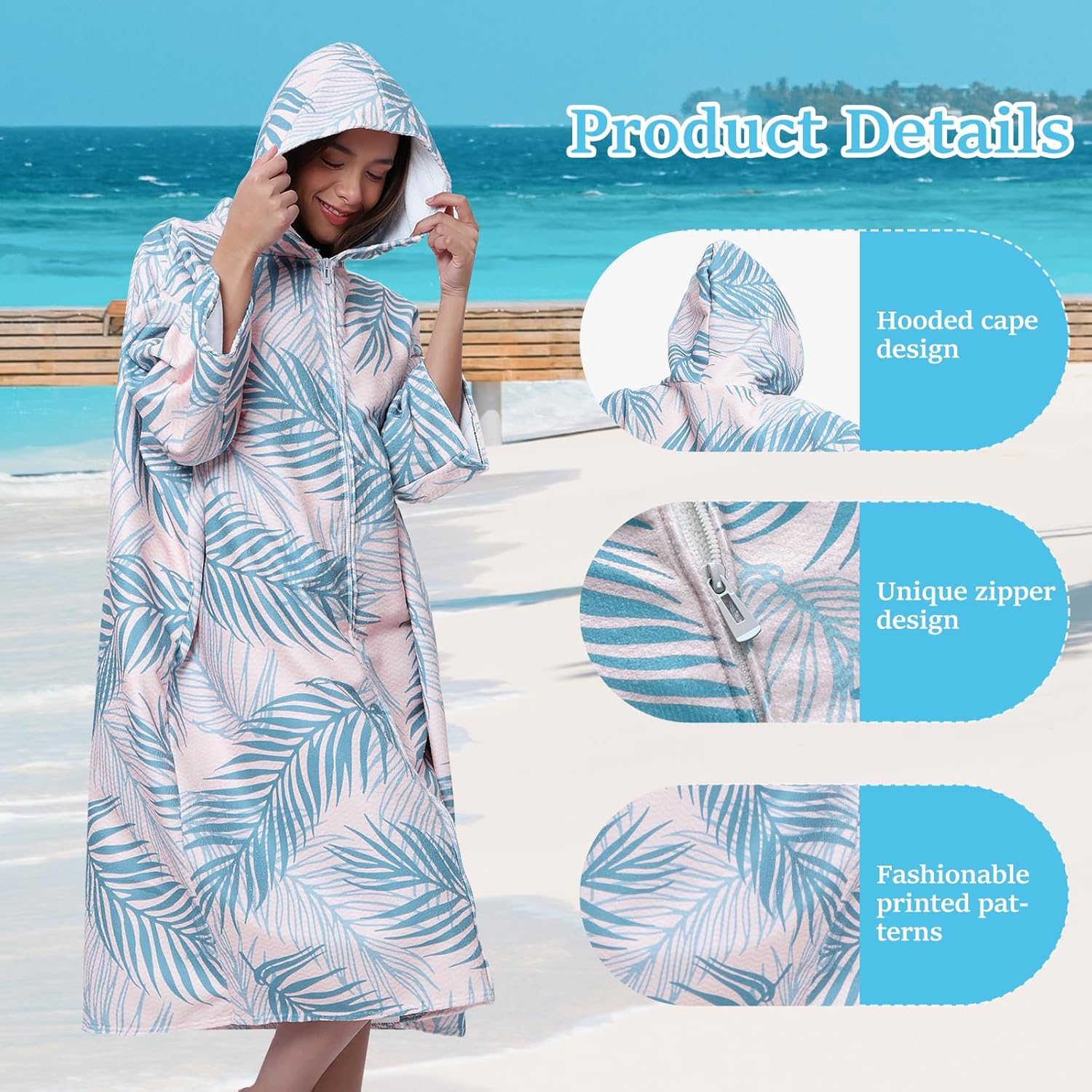 Rdjeokf Changing Towel Robe Hoodie, with Hood | for Changing Out of Your Wetsuit and Keeping Warm, for Surfing, Swim Team and Water Polo, Lightweight, One Size Fits Most (Pink) image number 1