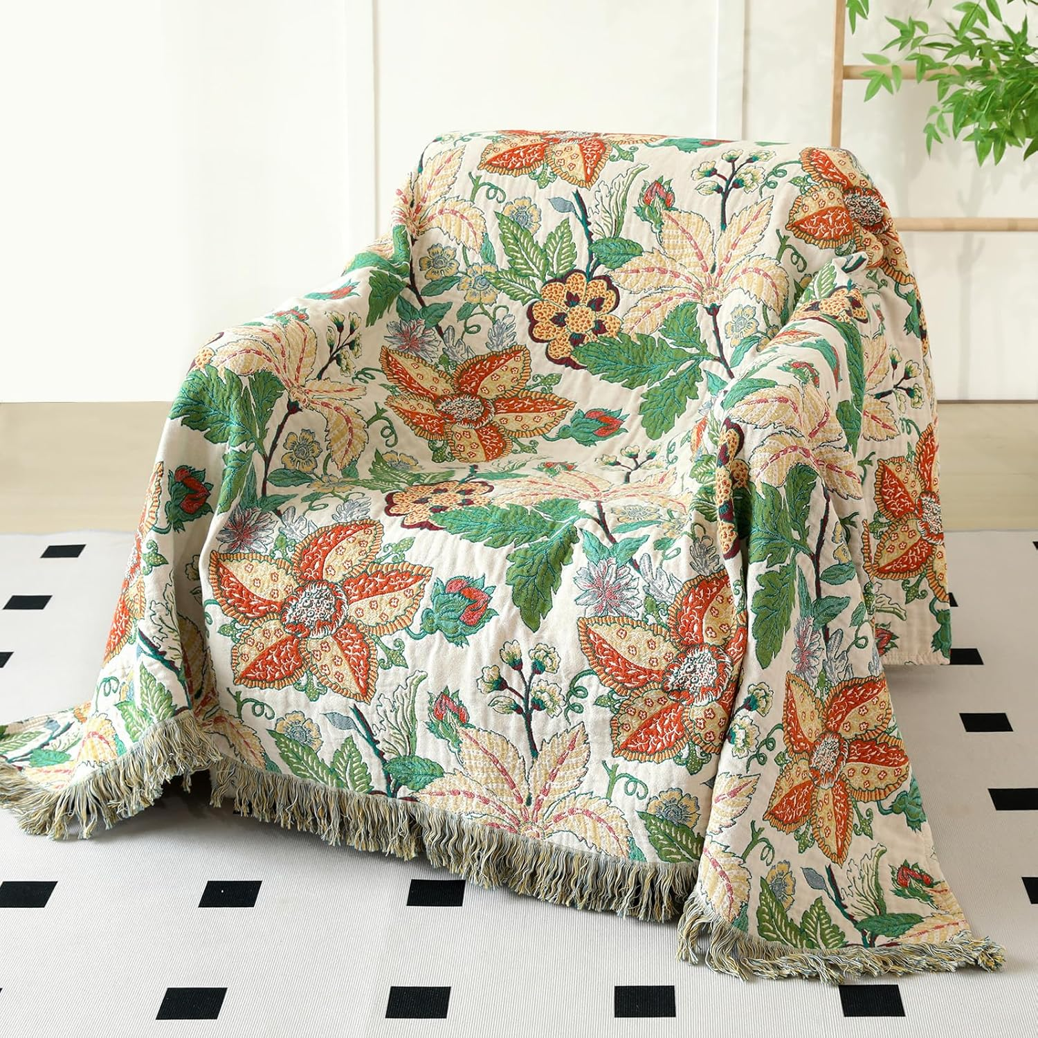 MSGKV Boho Throw Blanket for Bed Twin Size Cotton Muslin Breathable Floral Blanket 60"X80" Sofa Couch Blankets for All Seasons Lightweight Farmhouse Blankets Boho Home Decor image number 5