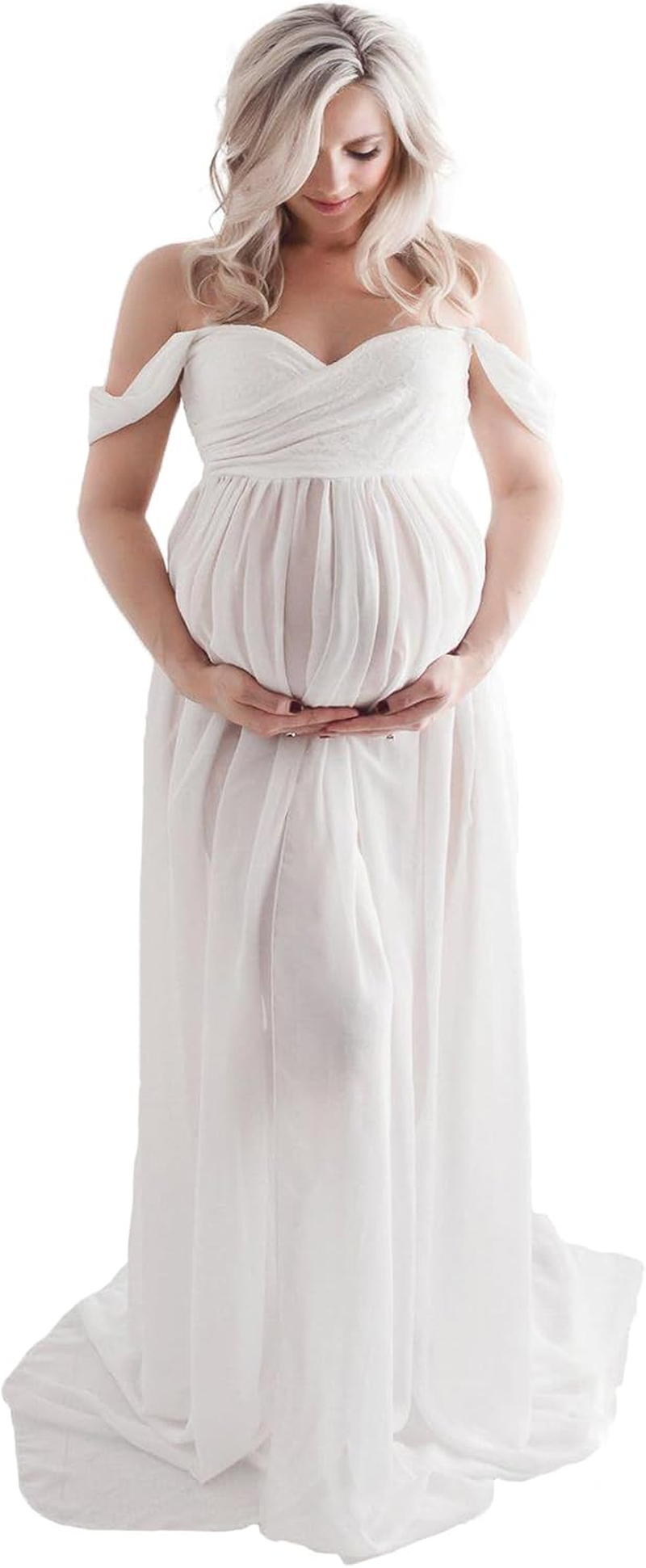 Maternity Photoshoot Dress off Shoulder Lace Gown, Chiffon Pregnancy Photography Dresses with Elastic Waist, Bridal Maternity Portrait Gown for Baby Shower (AU, Alpha, Medium, Plus, Extra Long) image number 1
