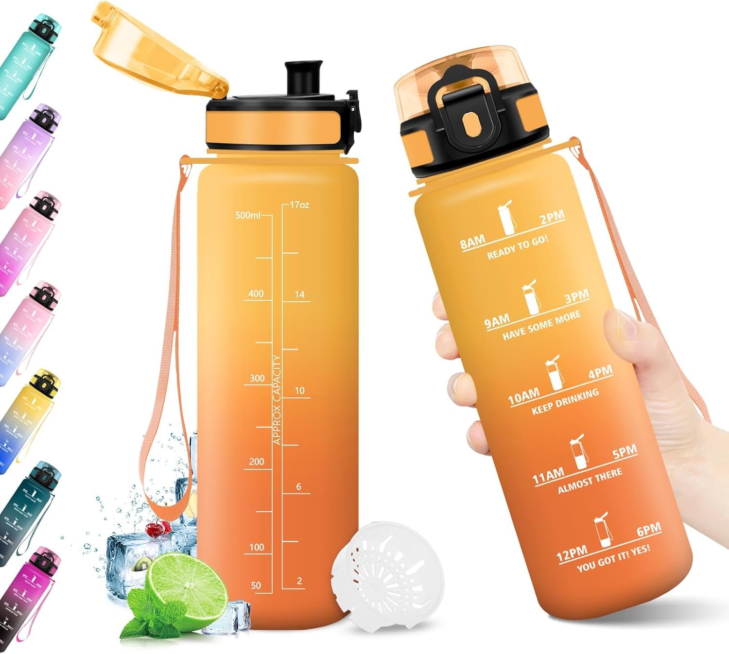 Water Bottle 500 Ml, Water Bottle with Time Marking, Water Bottle with Filter, Leak-Proof, Bpa-Free, Sports Bottle for Fitness, Bike, Office, School, Outdoor, Yoga, Adults, Suitable for Sparkling