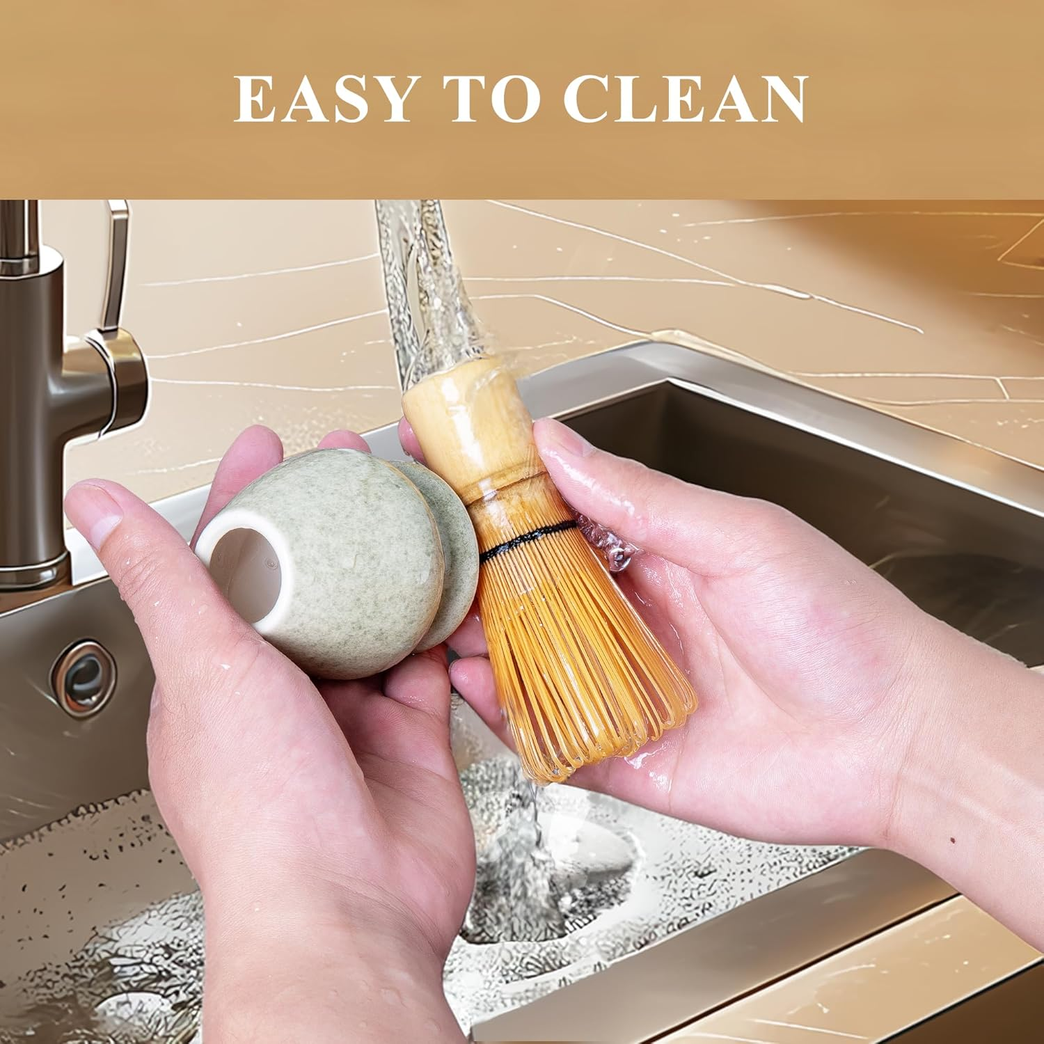 Matcha Whisk Set, Matcha Making Kit Whisk (Chasen Holder), Ceramic Whisk Holder (Mottled Green), Bamboo Scoop, Powder Starter Sifter, Spoon Japanese Tea Tools for Ceremony Gift - Green image number 3