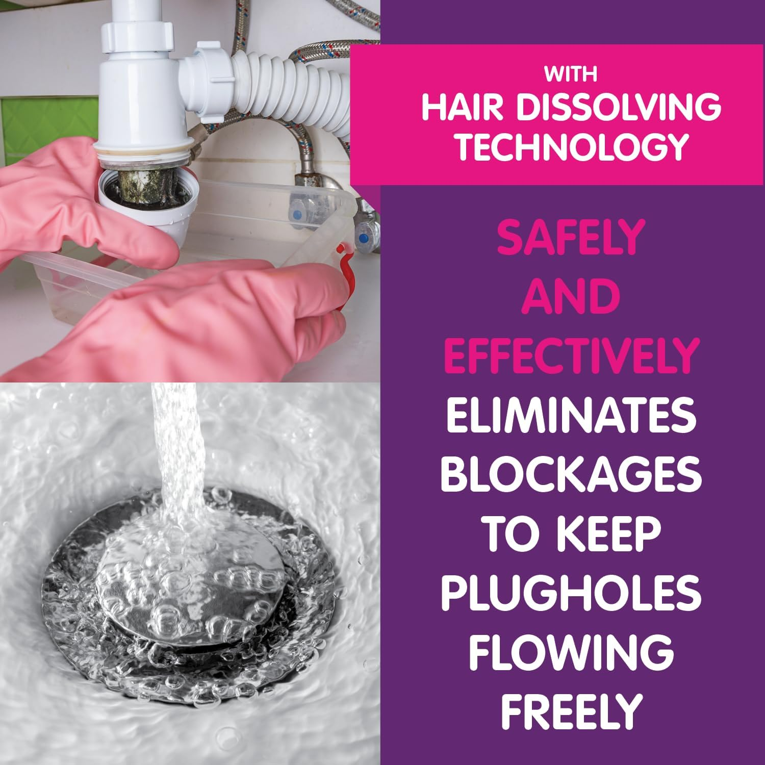 Vamoosh Plughole Unblocker, Drain Unblocker Bathroom - Dissolves Hair, Bleach-Free Bathroom Sink Unblocker, Septic Tank Safe, Fast Acting, Safe & Powerful - 2 Doses (600Ml) image number 3