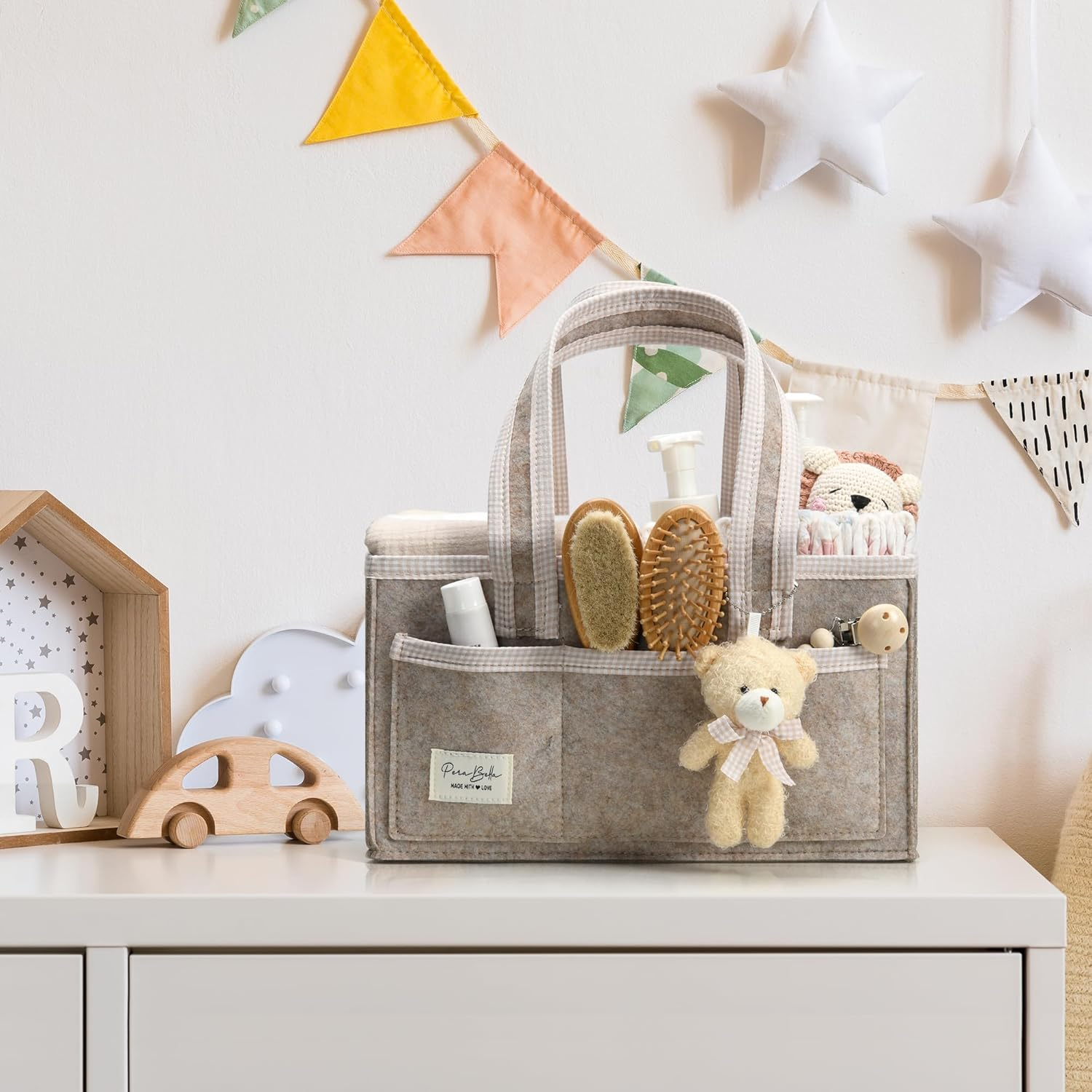 Perabella Diaper Caddy Organizer with Handle, Baby Shower Gifts Basket Bag, Registry Search Must Haves Items, Nursery Storage Organizer for Newborn Girl Boy, Baby Bag Essentials, Car Diaper Caddy Cart