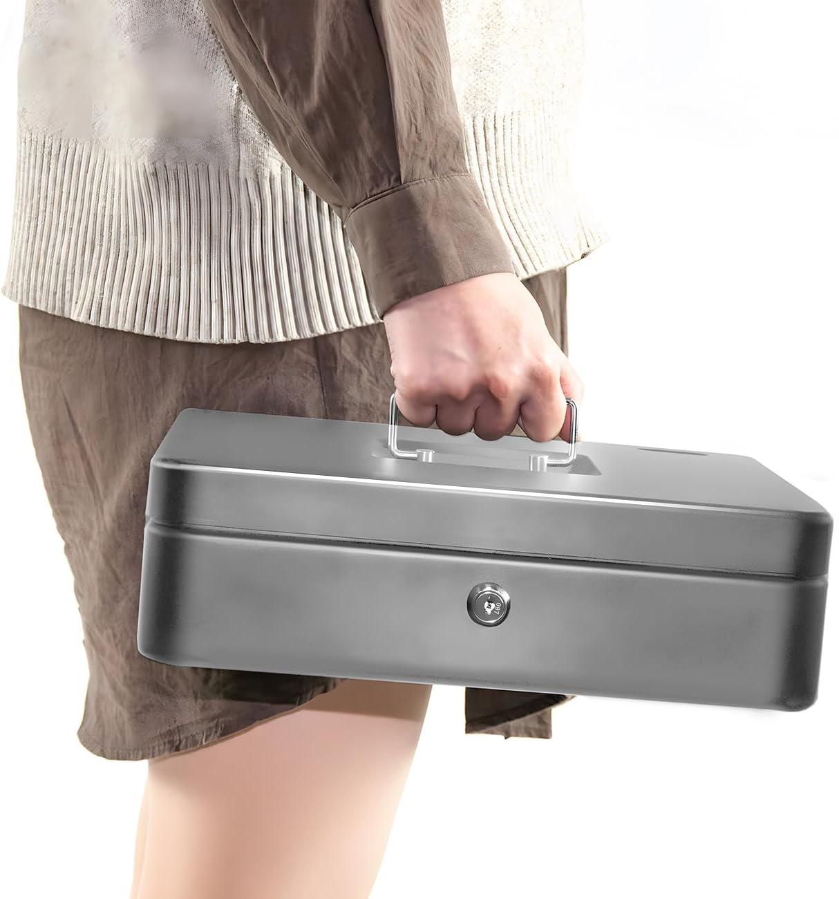 Aumerage Metal Cash Box with Security Lock & 2 Keys - 4 Bill/5 Coin Tray Storage, Large Lockable Money Box for Small Business/Home (Gray) image number 5