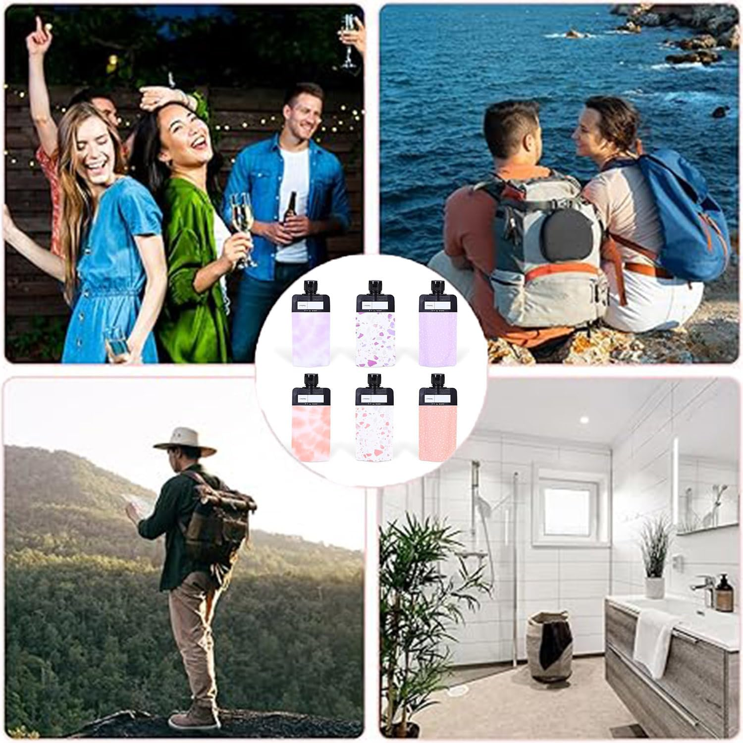 Roczential 6 Pcs Leak Proof Refillable Compression Bag, 90Ml Colorful Leak Proof Refillable Squeeze Pouches, Refillable Travel Pouches Proof Squeeze for Shampoo Conditioner Lotion Soap Hand Soap