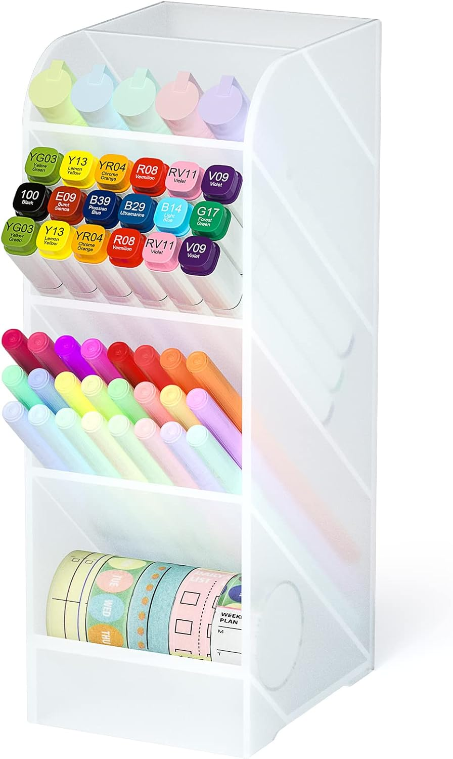 Asten Pen Holder, Pencil Holder for Desk, Pen Organizer for Office, School, Desktop, Large Capacity Pen Storage Organizer with 5 Compartment for Pens, Markers, Makeup Brush, Cosmetics (Clear, 1 Pack)