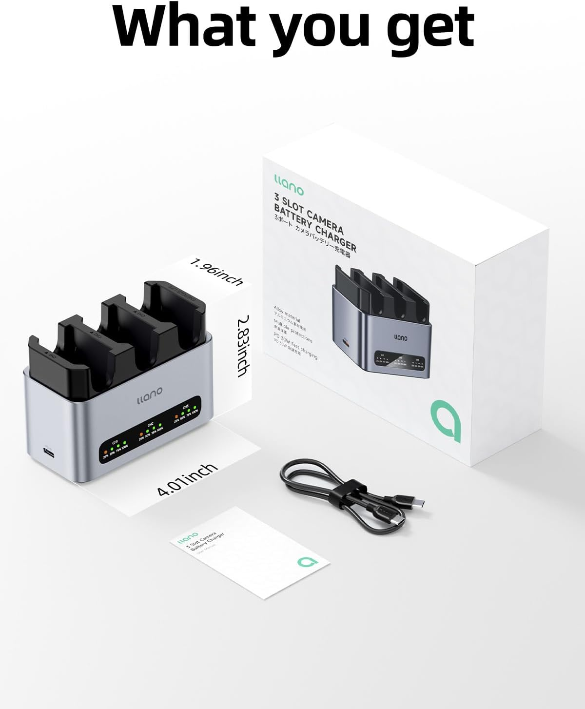 Llano 30W NP-FZ100 Battery Charger: Fast Three Slot for Sony Camera Batteries A7III, A7IV, A6700, FX3, FX30, A9, A7C, A7CII, A7RV, A7RIII, A6600, ZV-E1,ZV-E10II,A1,FX2, Usb-C,Led,Durable CNC Aluminum image number 4