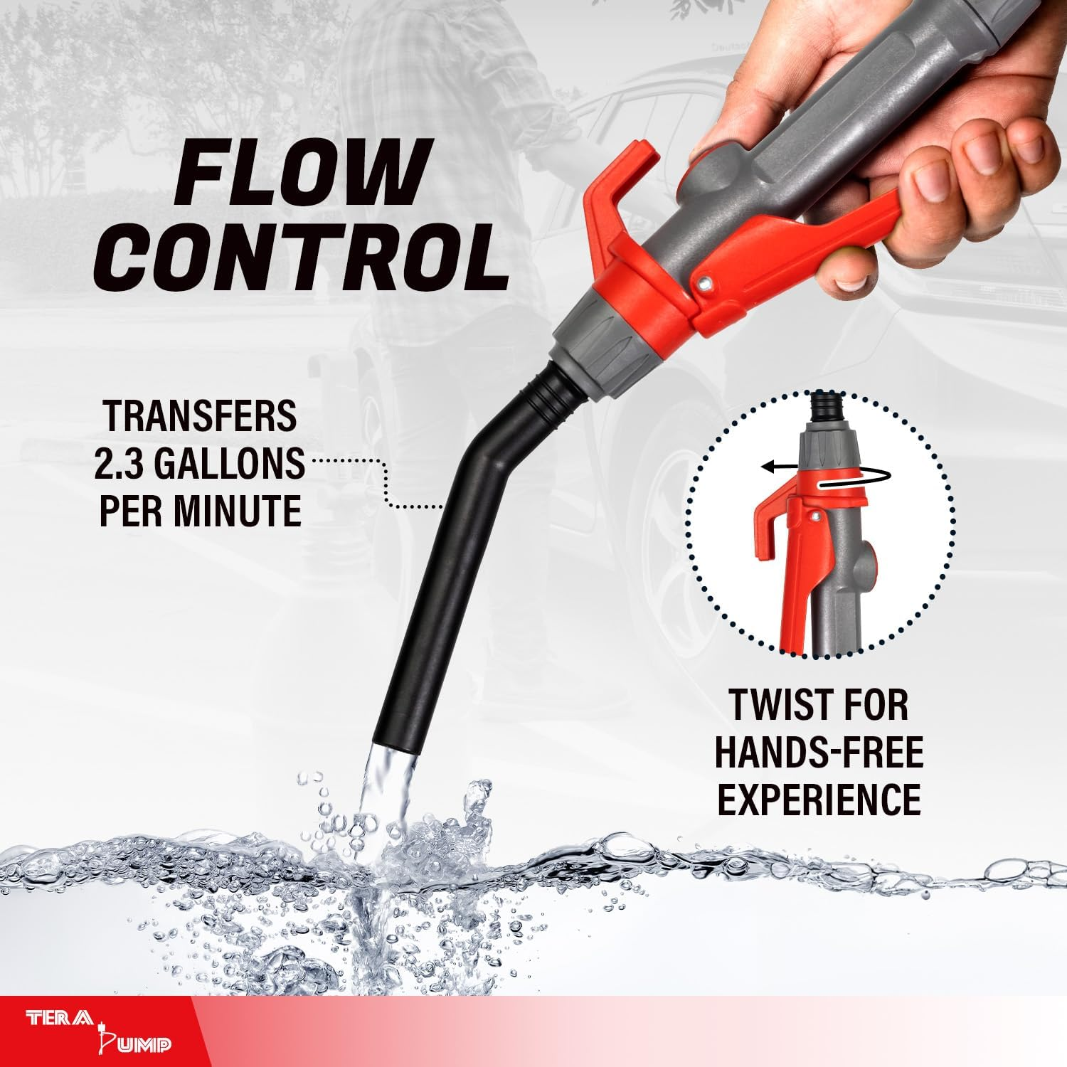 TERA PUMP 2Nd Gen. Battey Powered Portable Transfer Pump for Gasoline Diesel Water DEF Antifreeze (2.3 GPM, 10 Ft Vinyl Hose) with Flow Control and XL Suction Tube image number 3