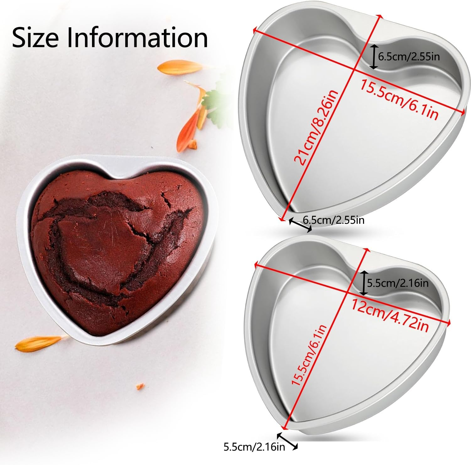 2 Pcs Heart Shaped Cake Pan Set, Aluminum Heart Shape Mould, Non-Stick Heart Cake Tins, 6 Inch & 8 Inch, Removable Bottom Baking Mould, for Household Christmas Birthday Wedding image number 4